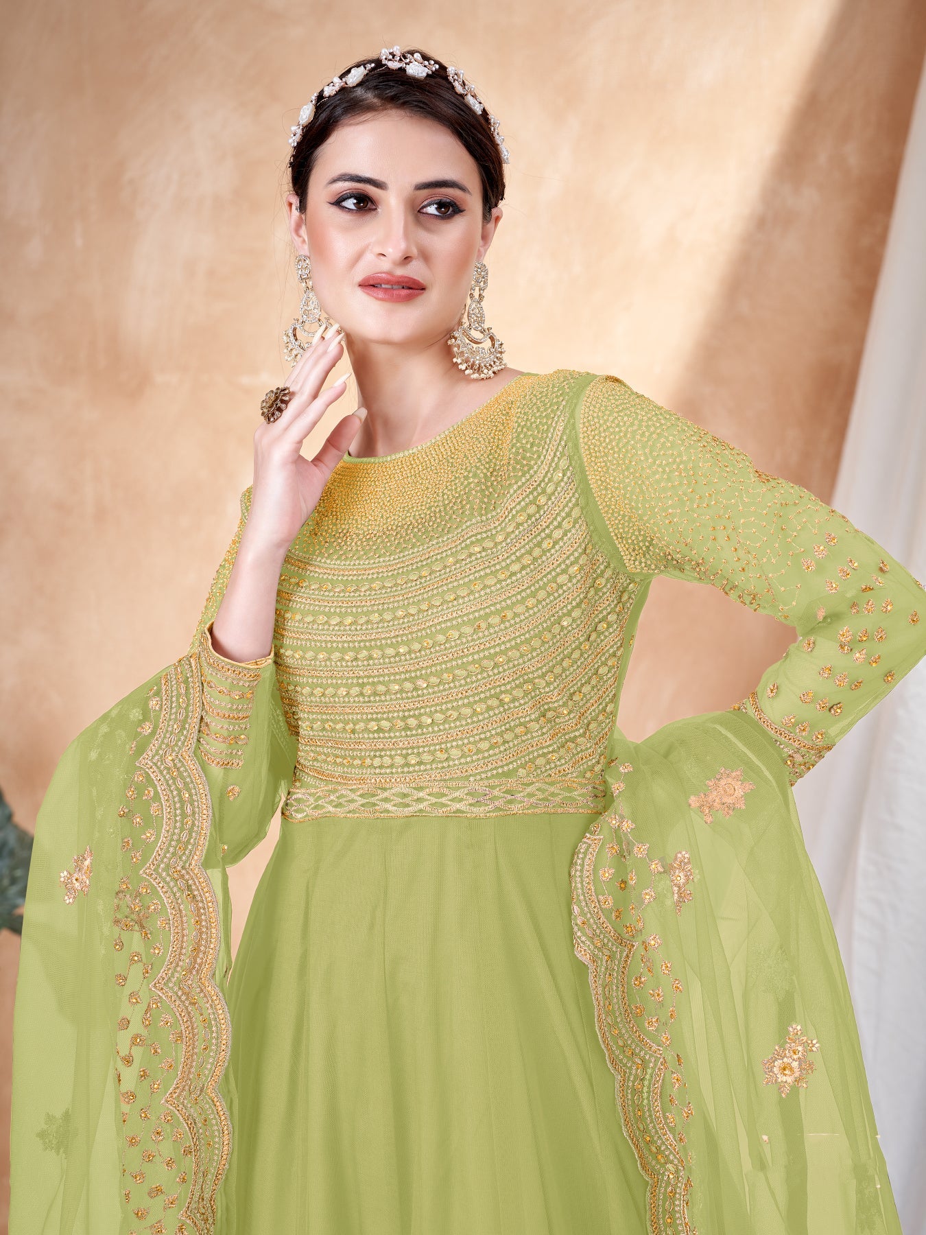 Elegant Green Gown in Ethereal NET Fabric for Weddings and Parties