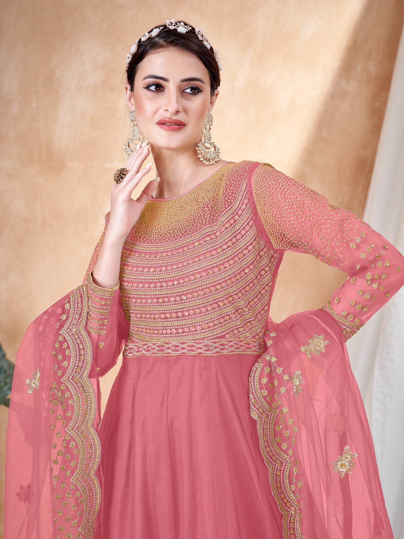 Elegant Pink Net Gown: Perfect for Weddings and Parties