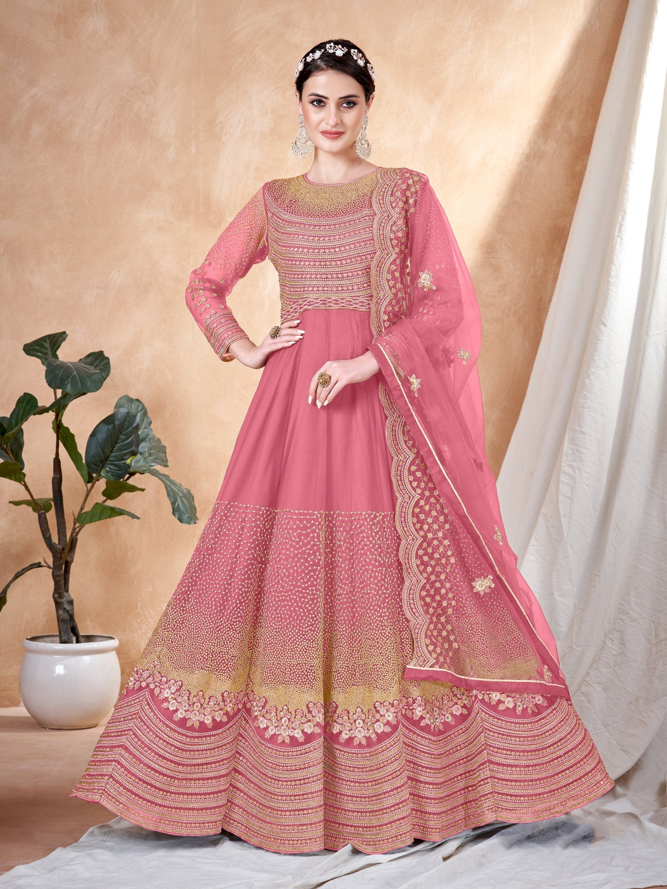 Elegant Pink Net Gown: Perfect for Weddings and Parties