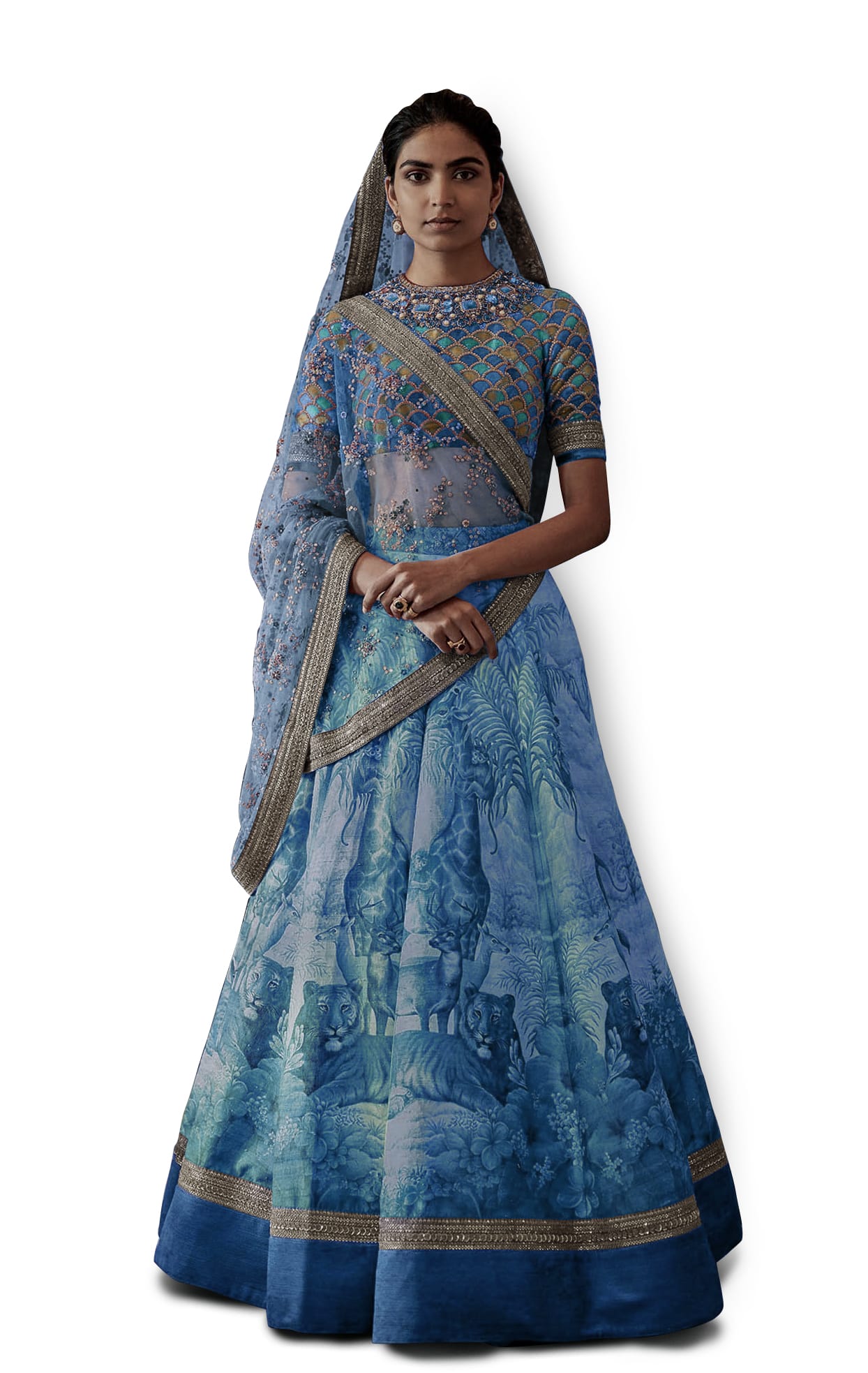 Elegant Blue Chennai Silk Lehenga Choli with Print, Stone, and Embroidery