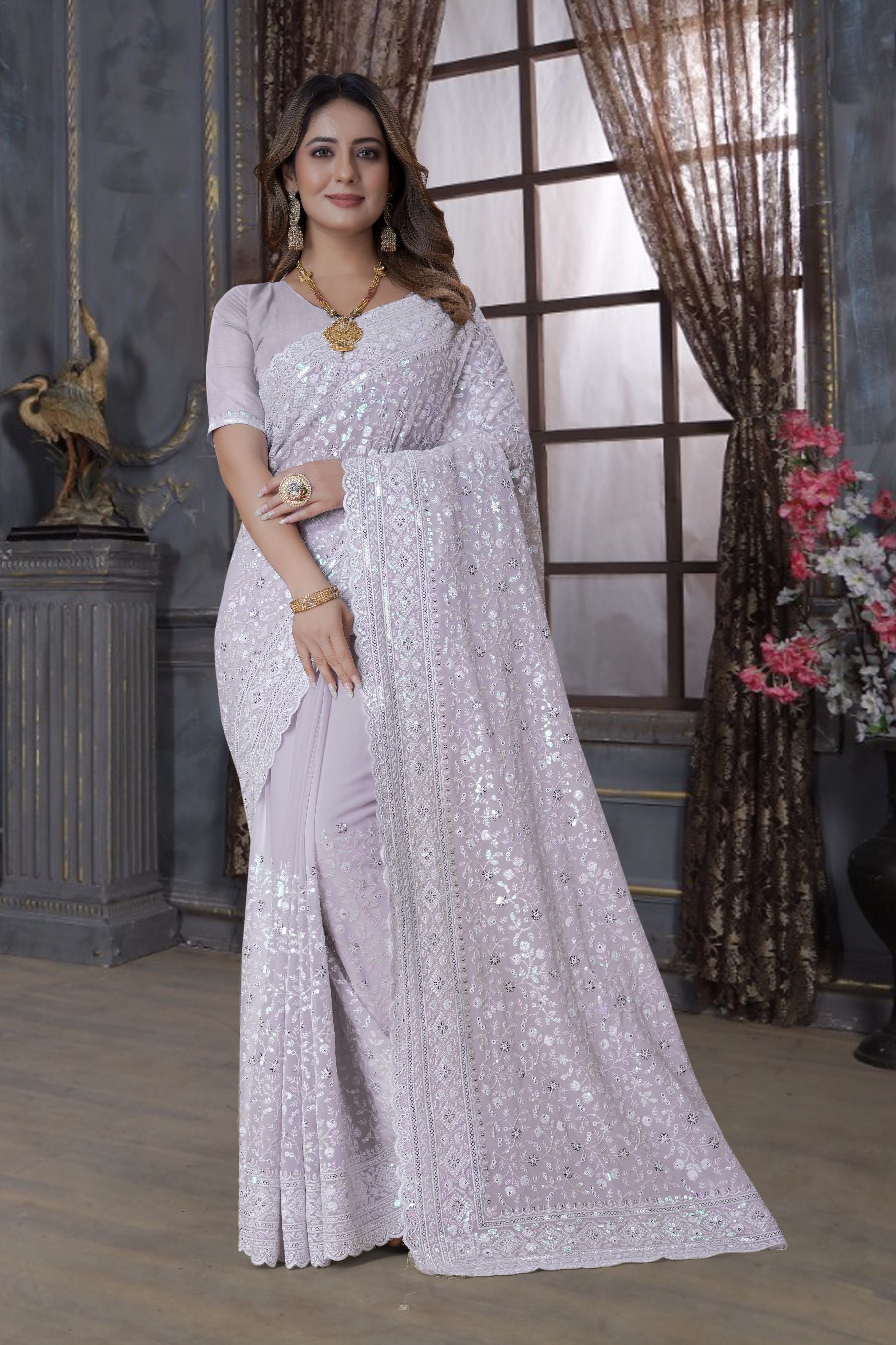 Enchanting Light Lavender Saree with Resham & Sequins Embroidery - Perfect for Parties and Weddings