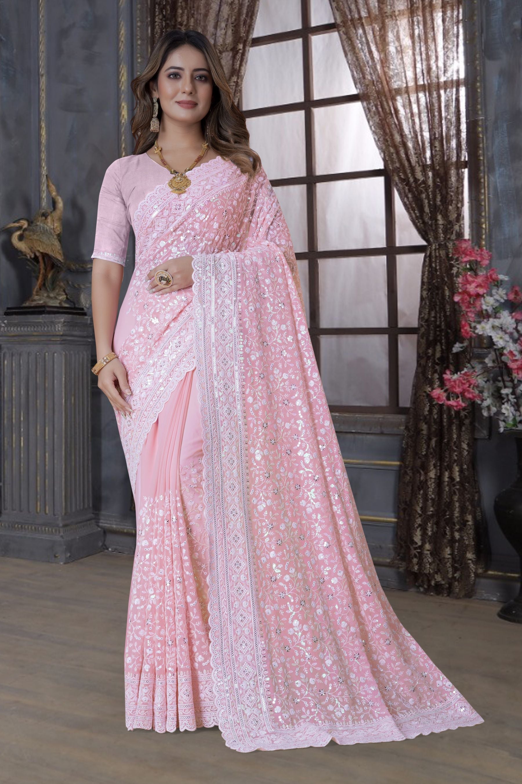 Enchanting Light Pink Saree with Resham & Sequins Embroidery, Perfect for Parties and Weddings