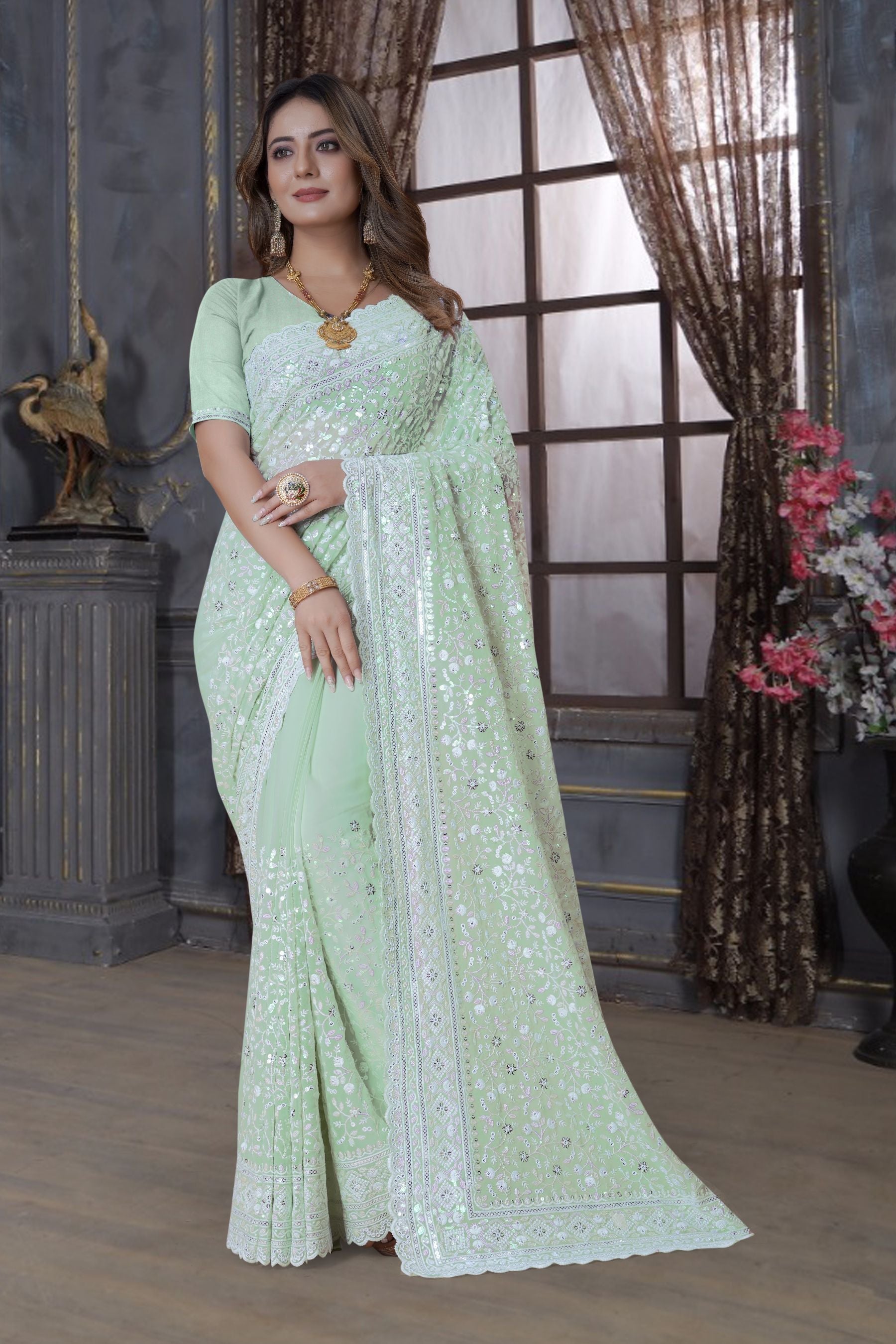 Pista Green Resham & Sequins Saree with Intricate Embroidery & Heavy Work Blouse