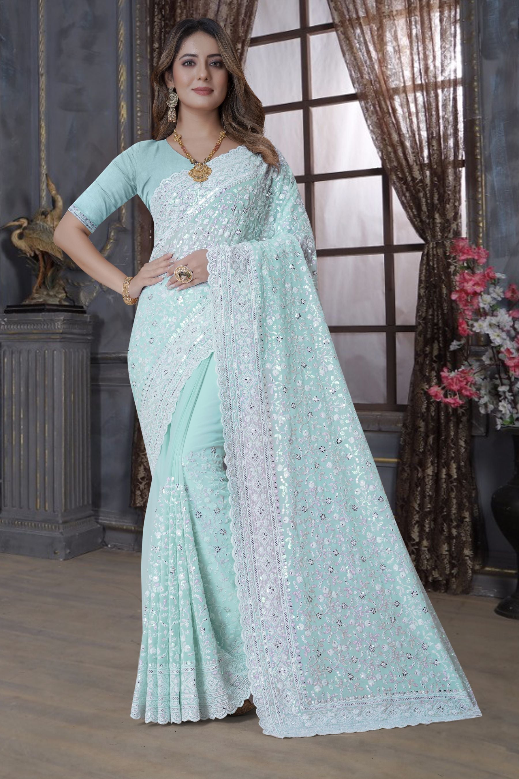 Copy of Pista Green Resham & Sequins Saree with Intricate Embroidery & Heavy Work Blouse