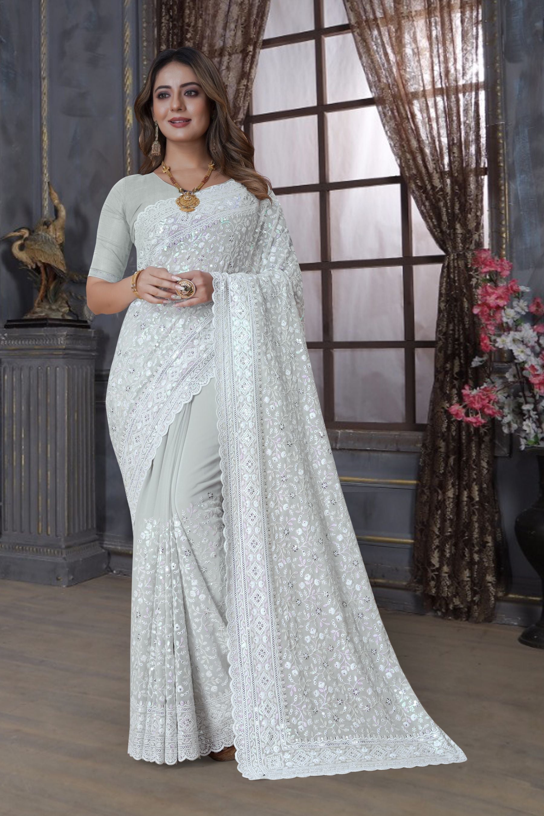 Stunning Silver Sequin Saree with Resham Embroidery & Heavy Work Blouse