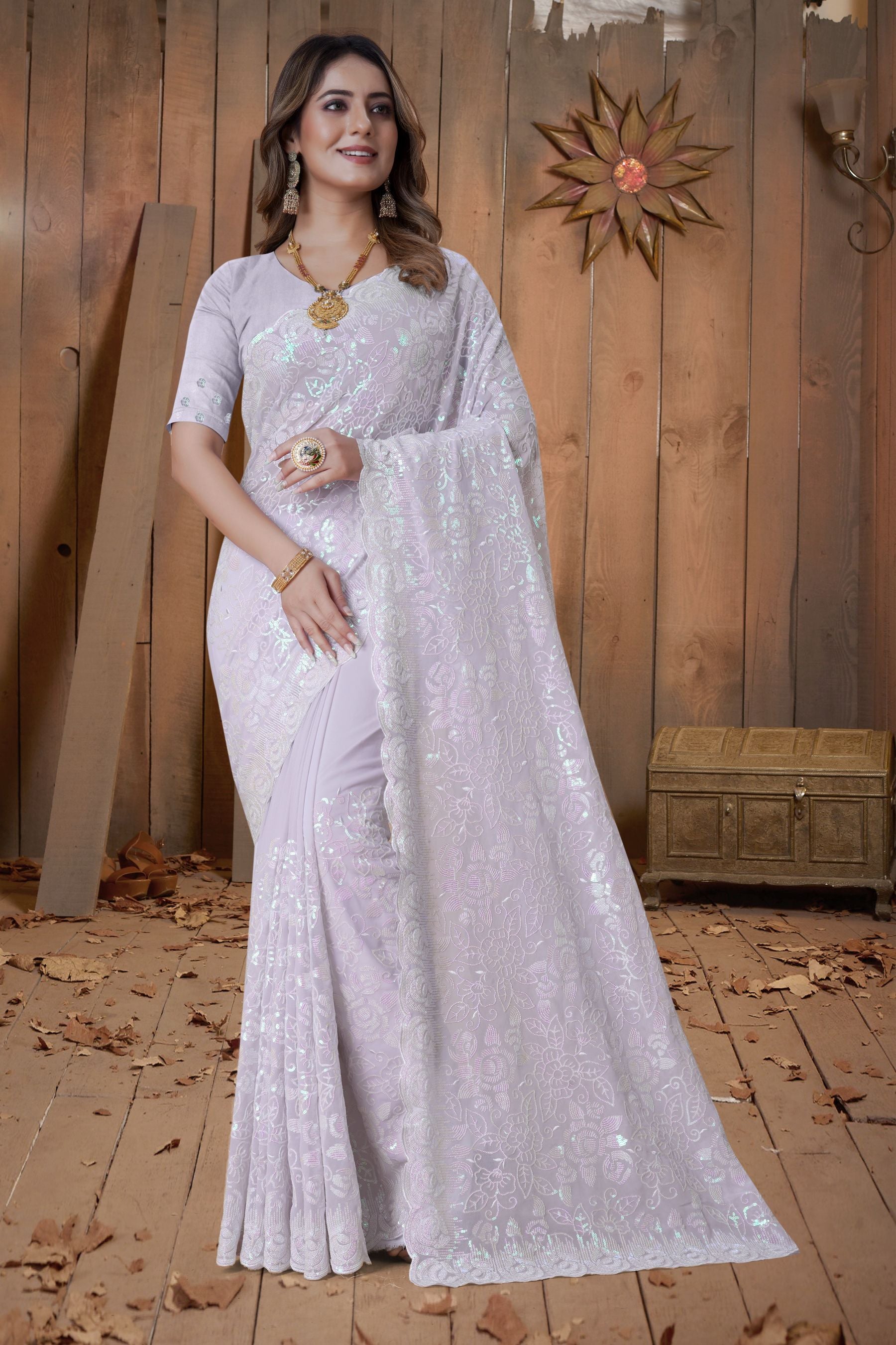 Lavender Elegance: Resplendent Sequin Embroidered Saree with Glamorous Gorgette Fabric