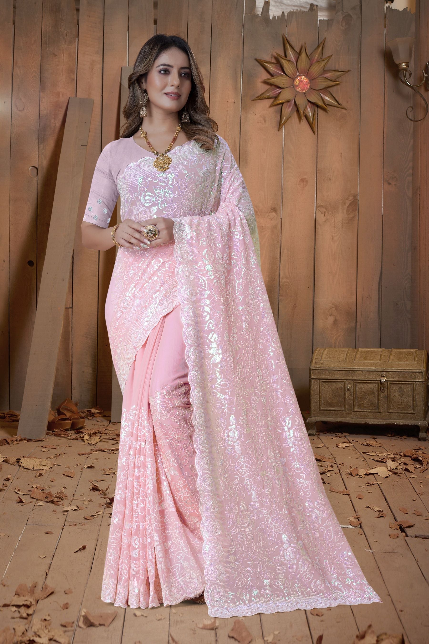 Enchanting Light Pink Saree with Resham & Sequins Embroidery and Heavy Work Blouse