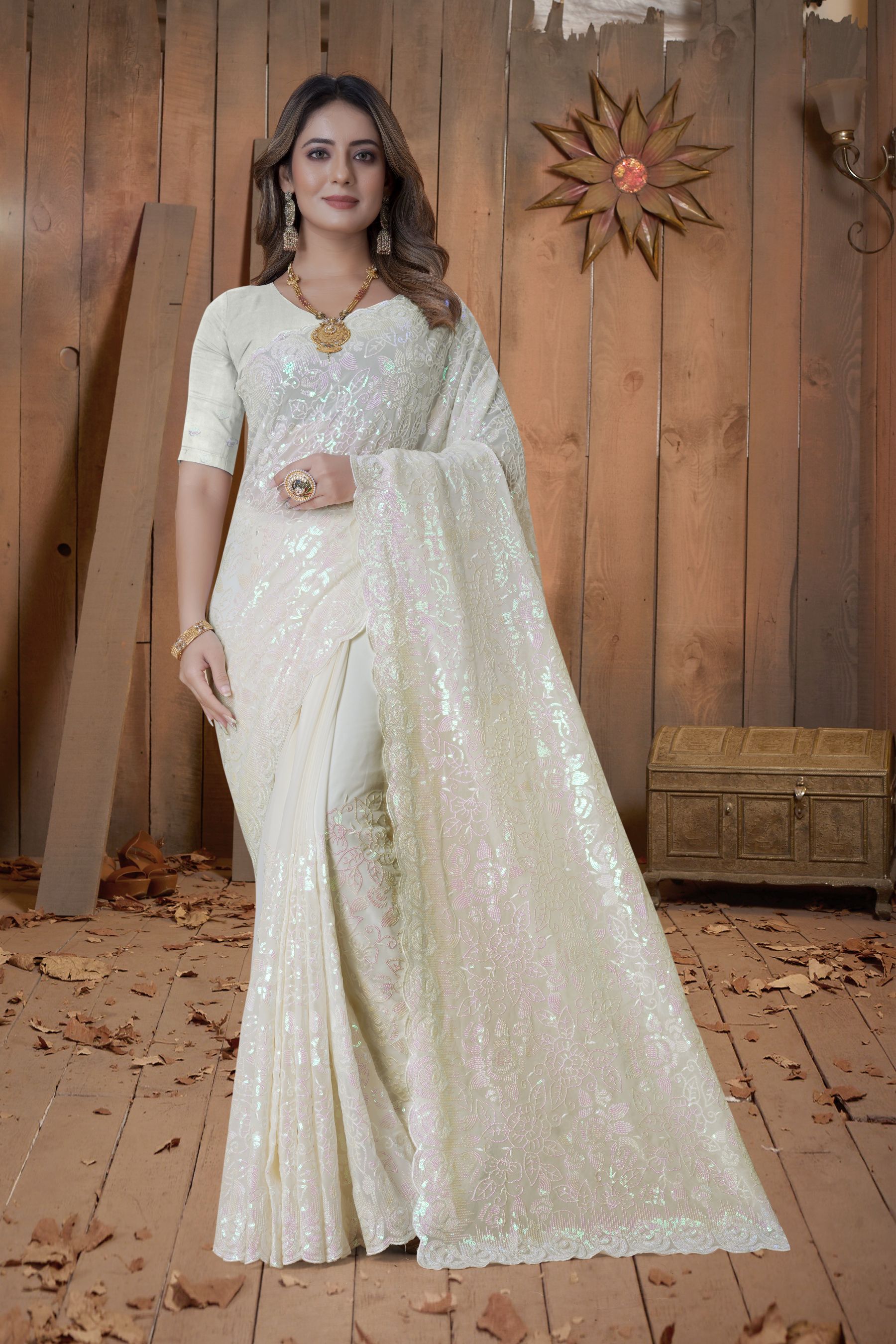 Enchanting Light Cream Saree with Intricate Resham & Sequins Embroidery - Perfect for Parties and Weddings!