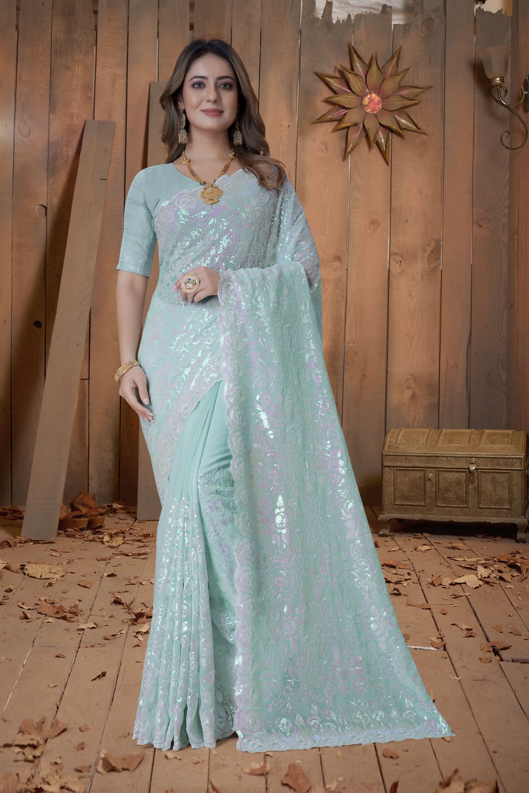 Exquisite Seablue Sequin Saree with Resham Embroidery & Heavy Work Blouse