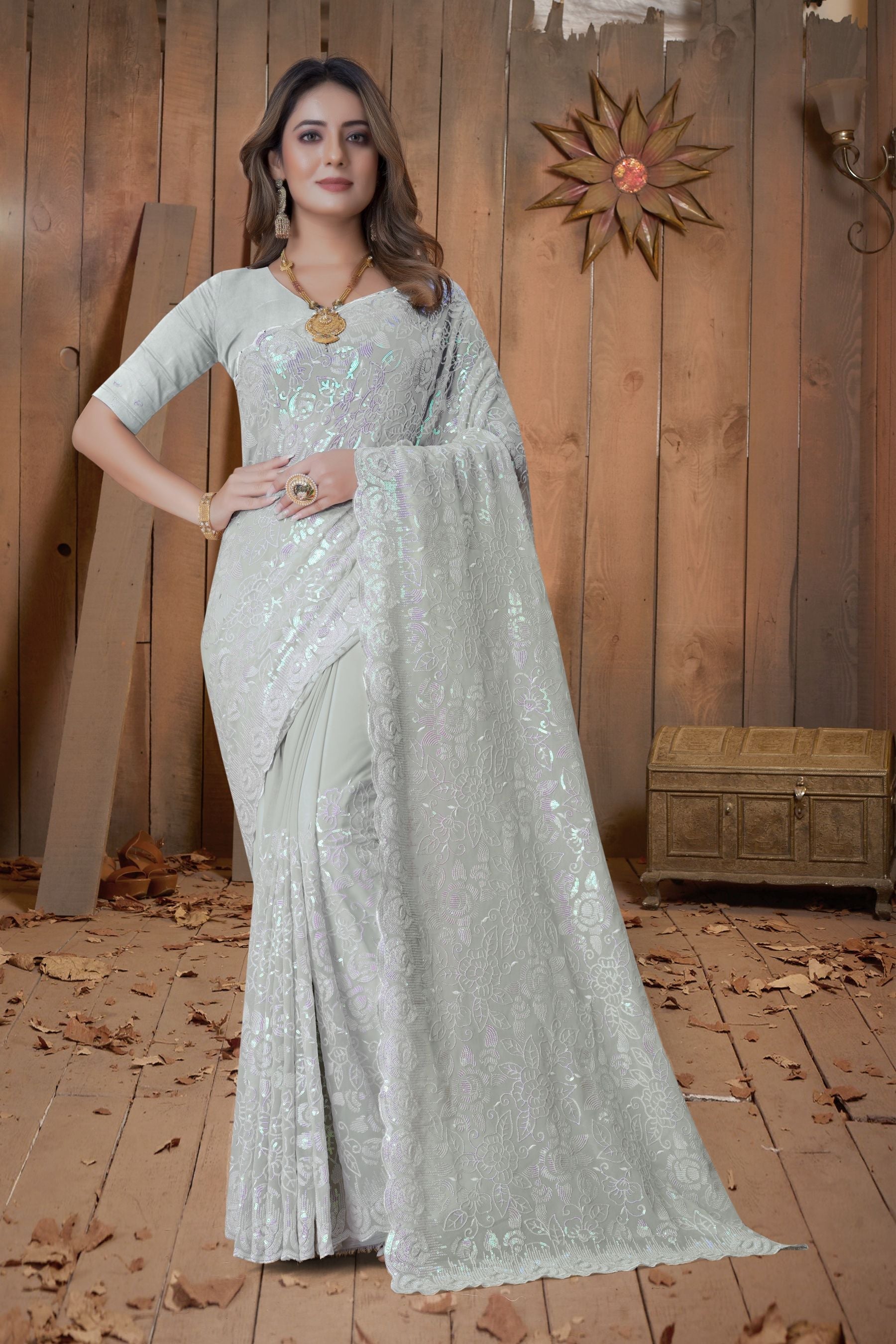 Radiant Silver-White Resplendence Saree with Intricate Resham & Sequins Embroidery