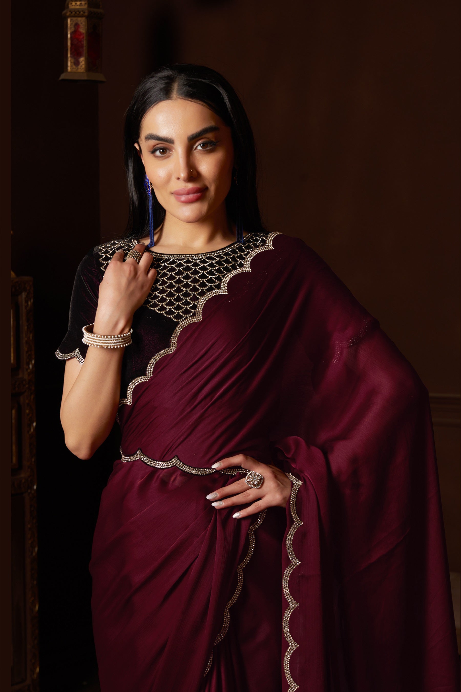 Elegant Dark Pink Saree: Exquisite Zarkan Stone Work, Perfect for Parties and Weddings