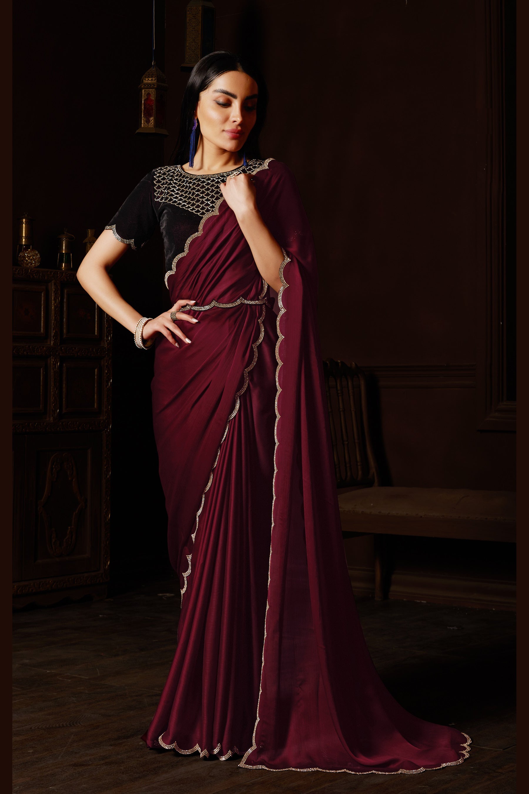 Elegant Dark Pink Saree: Exquisite Zarkan Stone Work, Perfect for Parties and Weddings