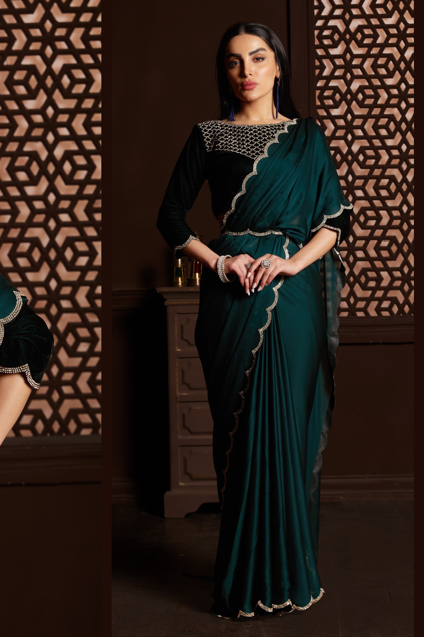 Elegant Green Saree: Exquisite Zarkan Stone Work, Perfect for Parties and Weddings