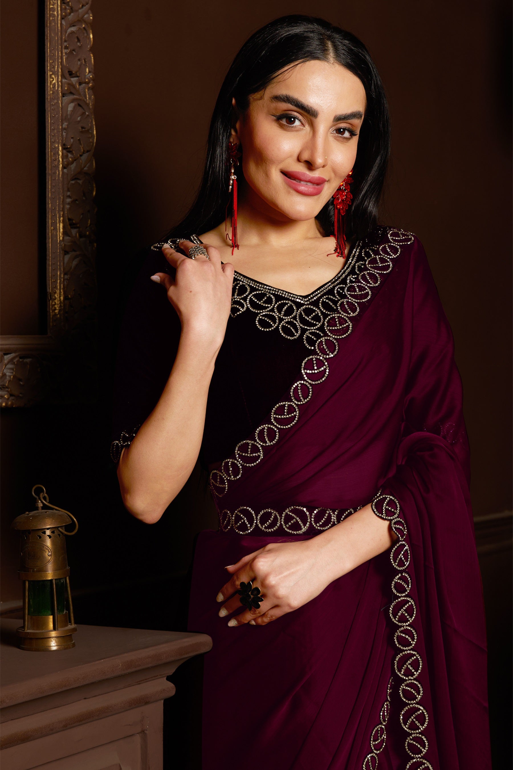 Elegant Brown Saree: Exquisite Zarkan Stone Work, Perfect for Parties and Weddings