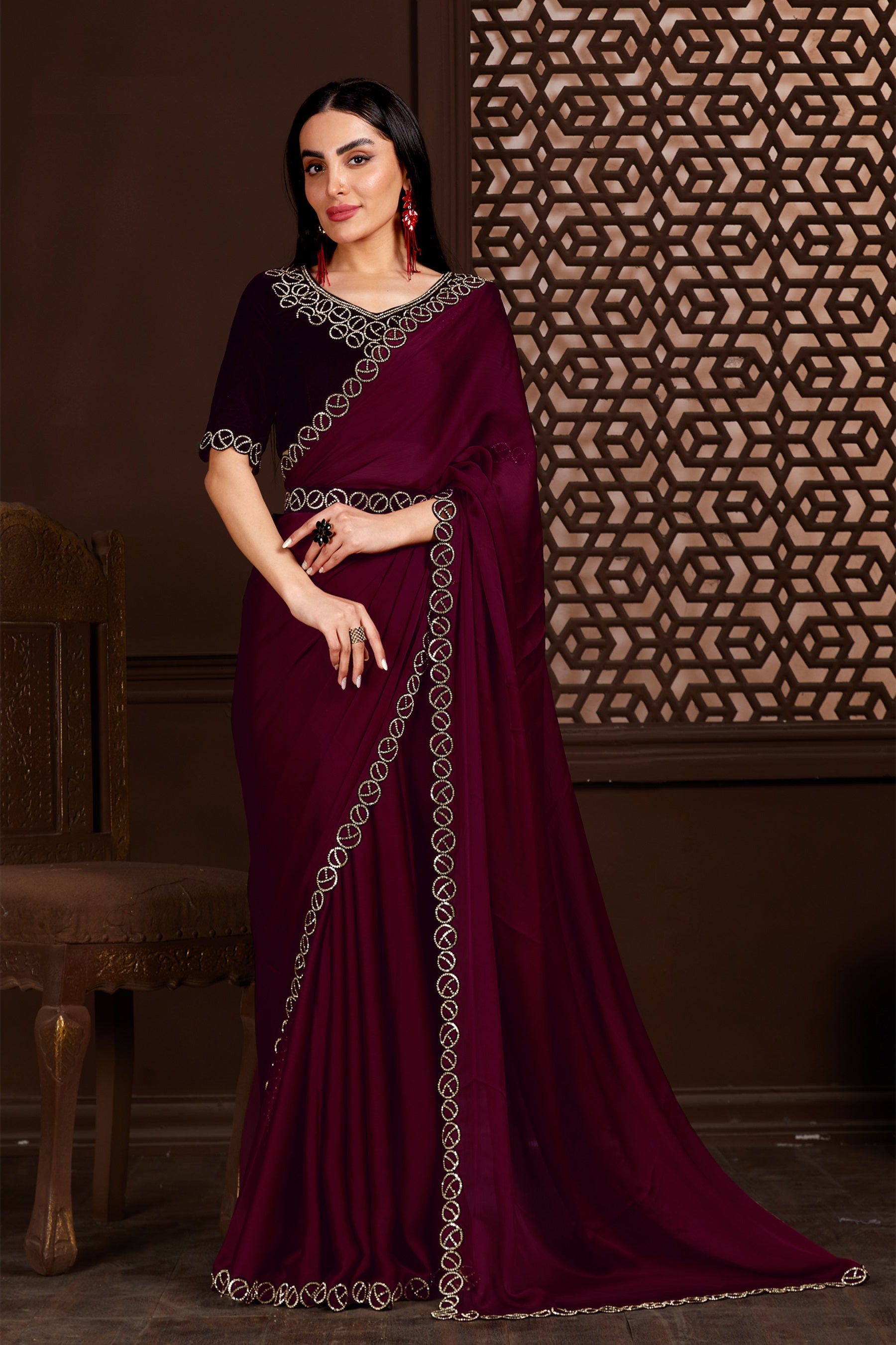 Elegant Brown Saree: Exquisite Zarkan Stone Work, Perfect for Parties and Weddings