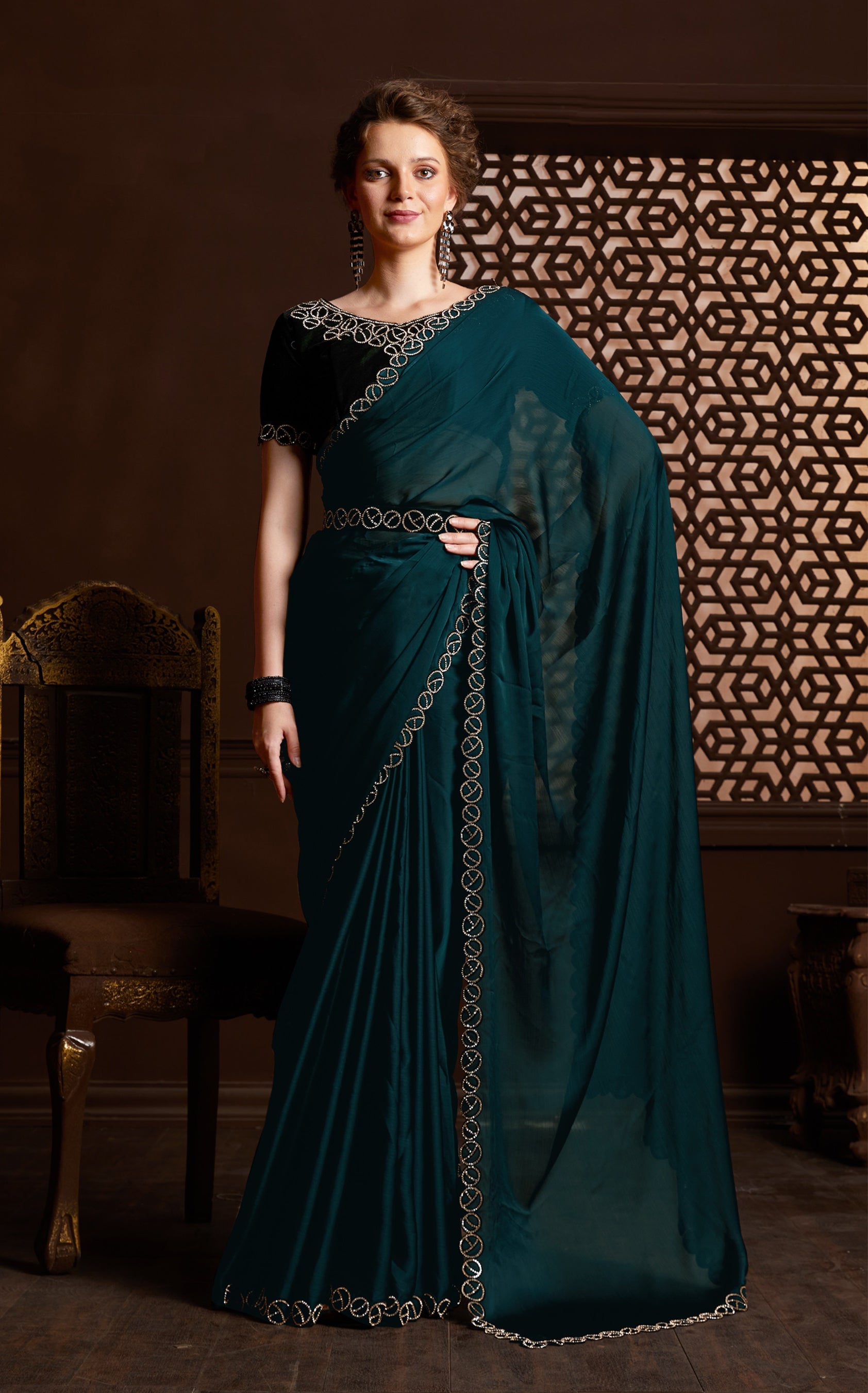 Elegant Dark GreenSaree: Exquisite Zarkan Stone Work, Perfect for Parties and Weddings