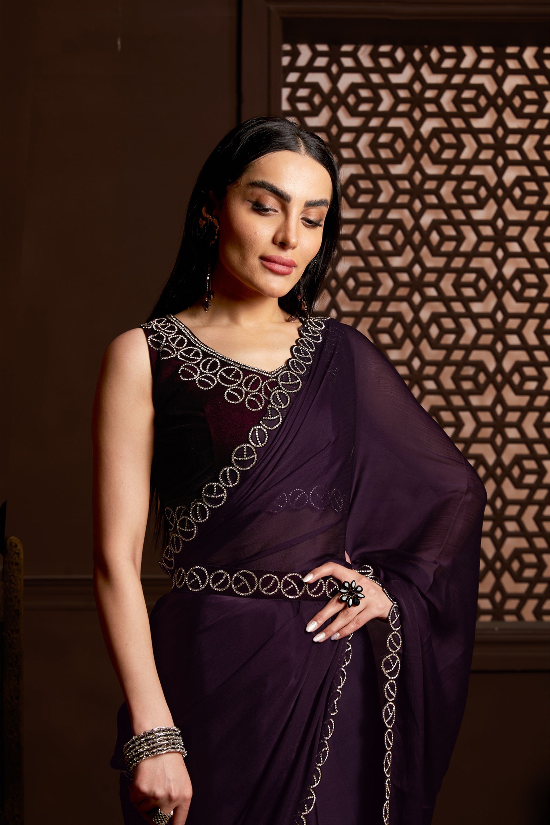 Elegant Wine Saree: Exquisite Zarkan Stone Work, Perfect for Parties and Weddings