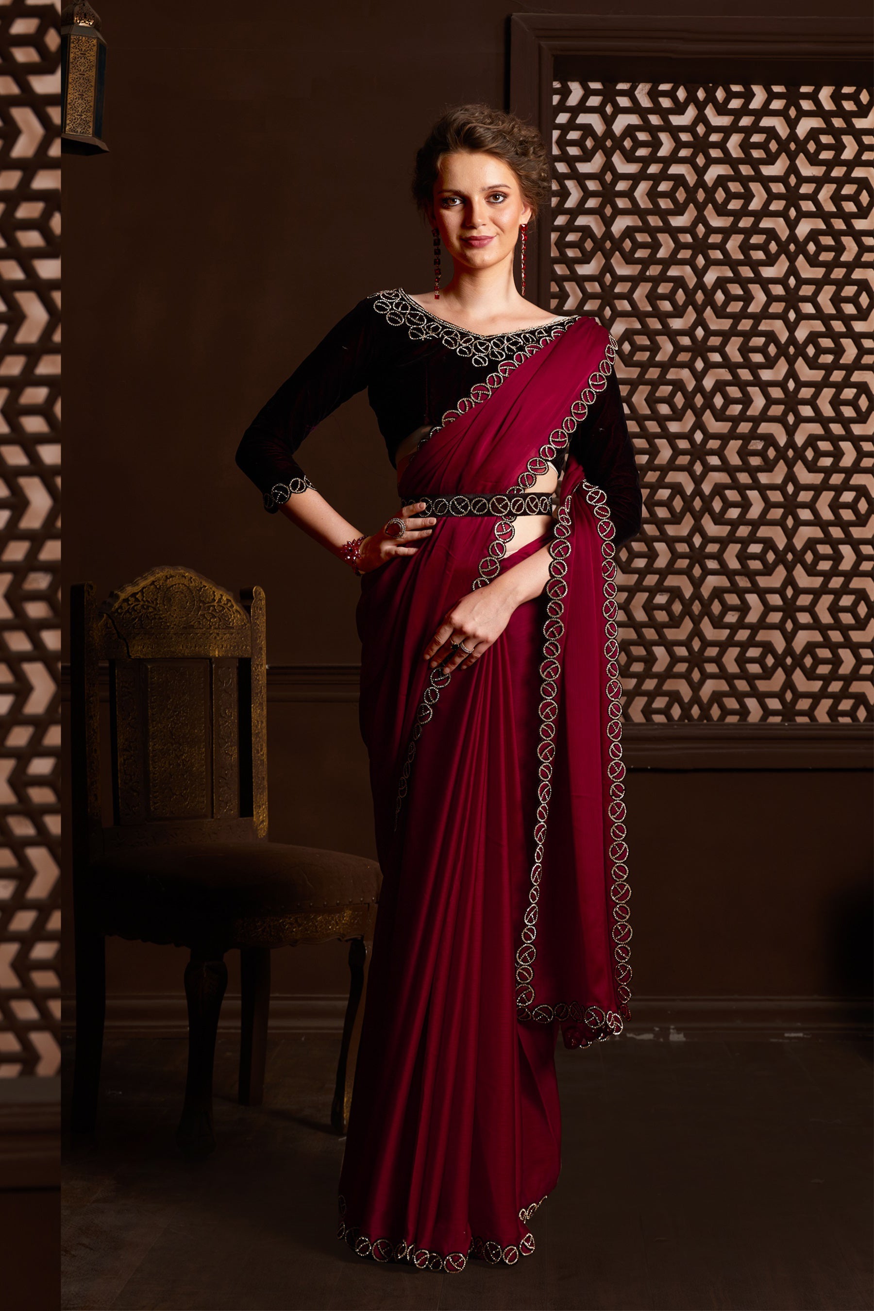 Elegant Red Saree: Exquisite Zarkan Stone Work, Perfect for Parties and Weddings