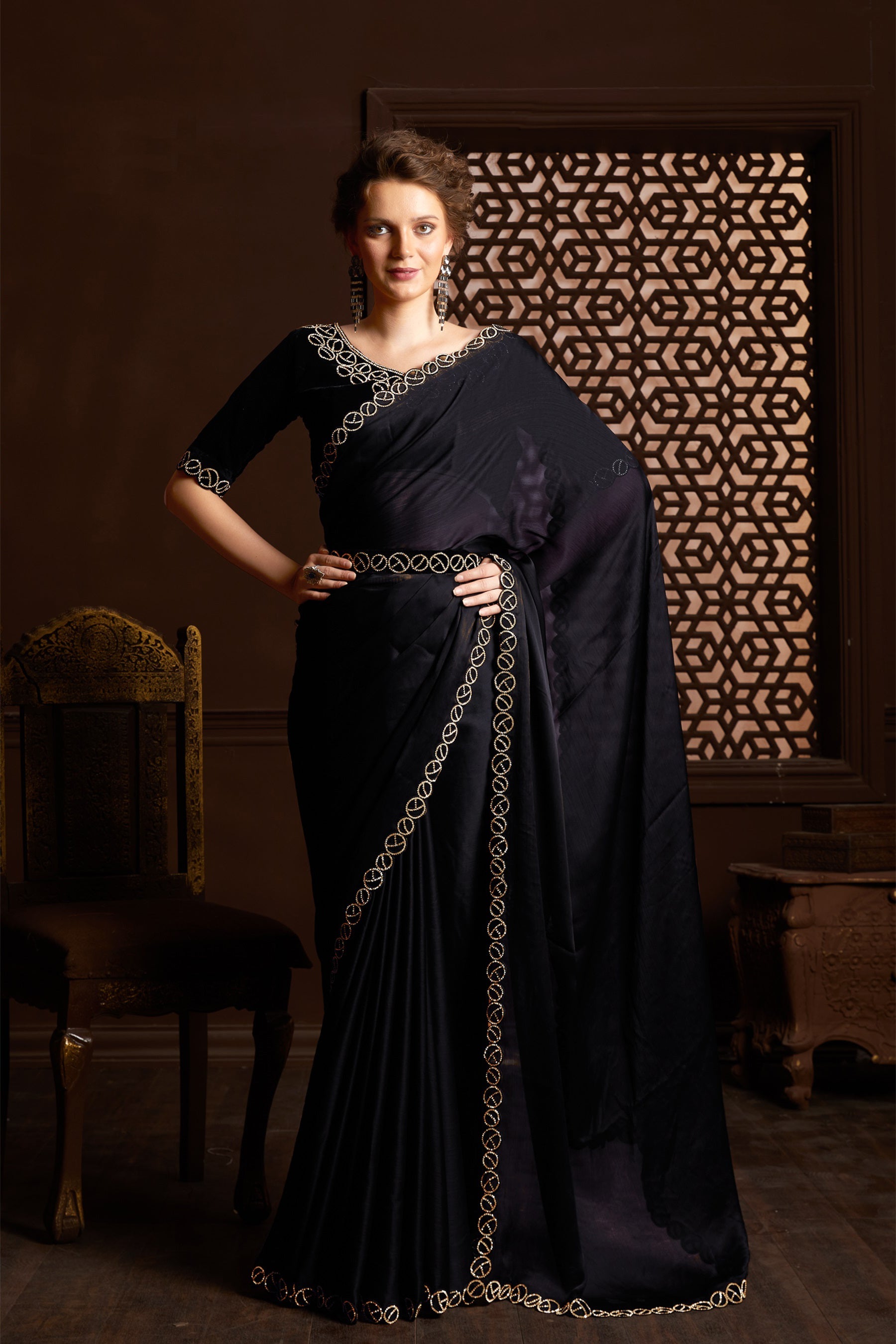 Elegant Black Saree: Exquisite Zarkan Stone Work, Perfect for Parties and Weddings