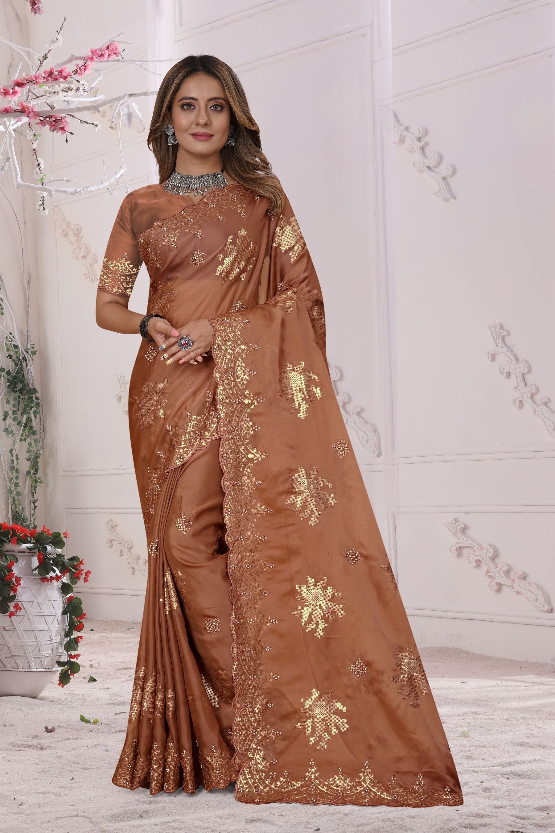 Exquisite Brown Sequenced Saree: Resham Embroidery, Zarkan Diamond & Organza Soft Silk - Perfect for Parties and Weddings!