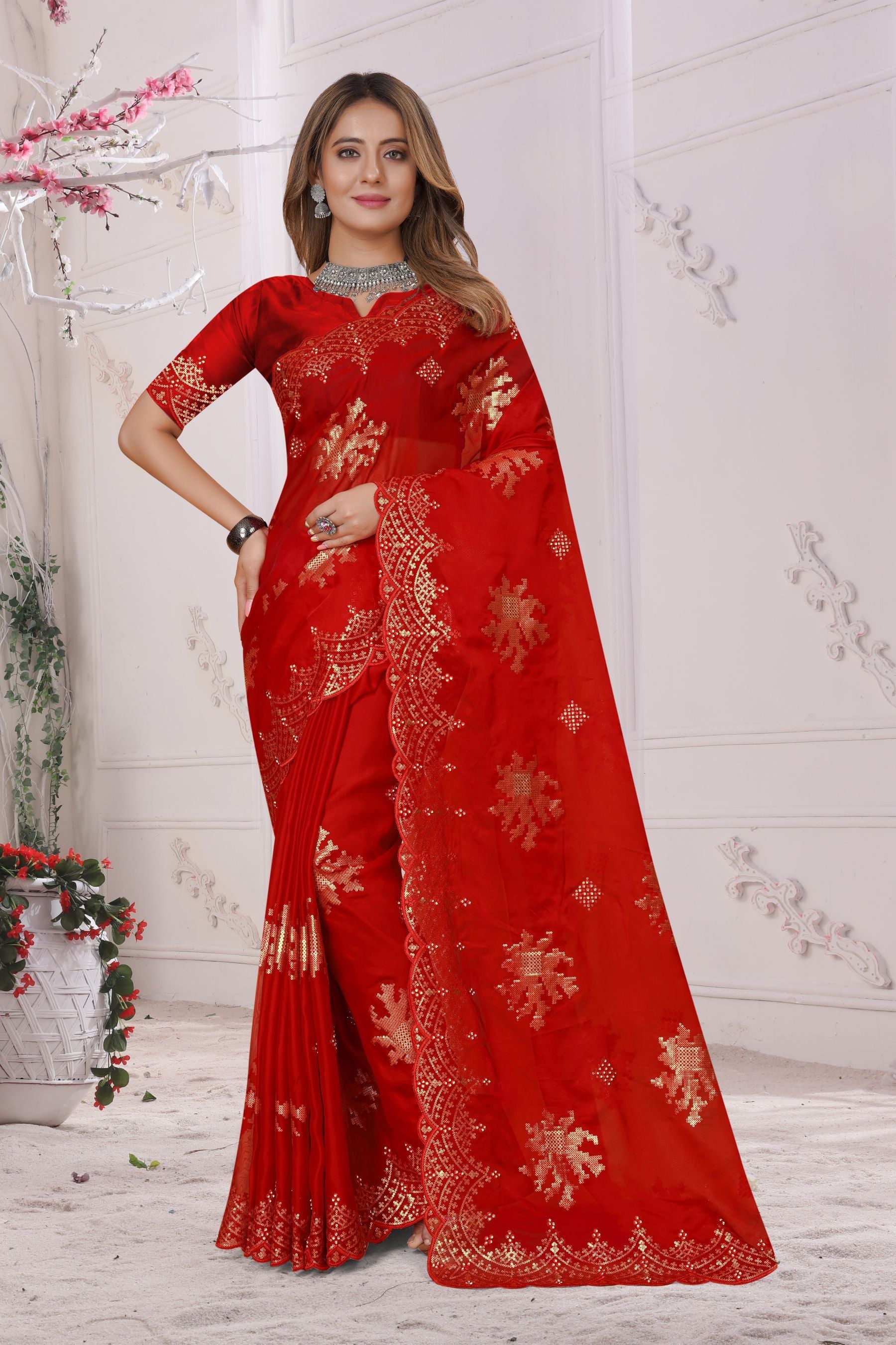 Elegant Red Saree: Resham Embroidery, Zarkan Diamond, and Organza Soft Silk for Party & Wedding Wear