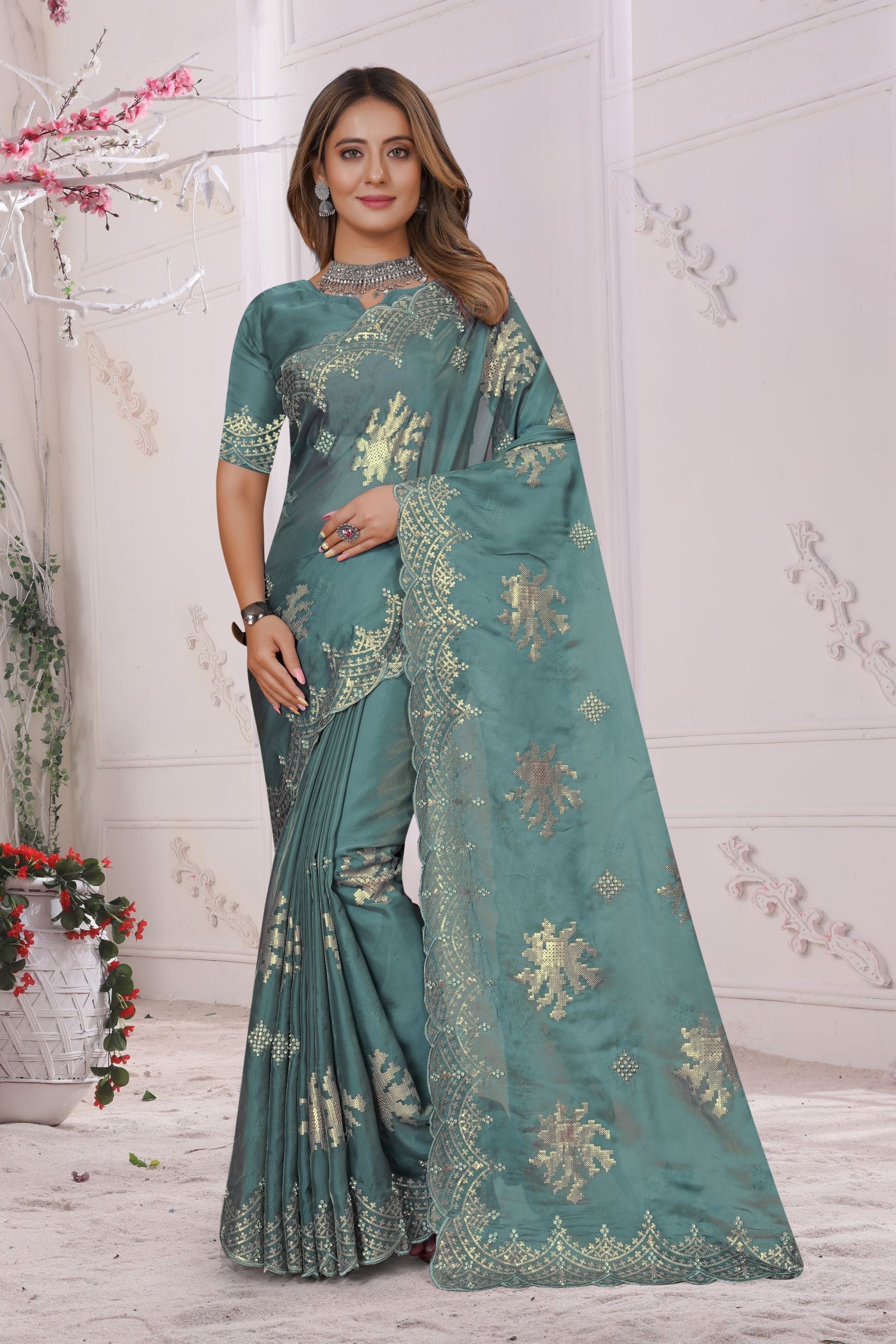 Exquisite Seablue Party & Wedding Saree: Resplendent Siqvence & Zarkan Diamond Work on Organza Soft Silk