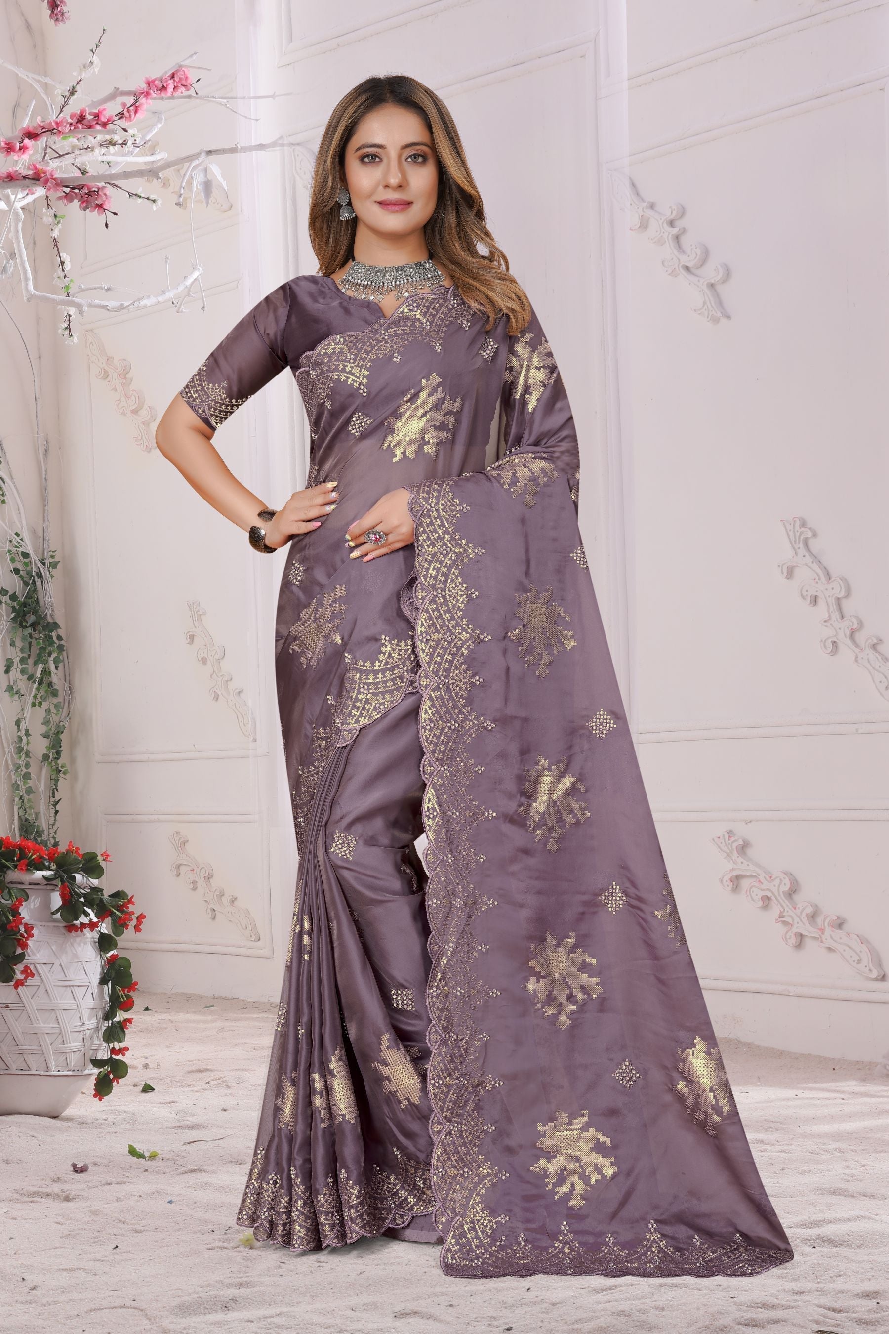 Elegant Purple Sequenced Saree: Resham Embroidery, Zarkan Diamond & Organza Soft Silk for Party & Wedding Wear