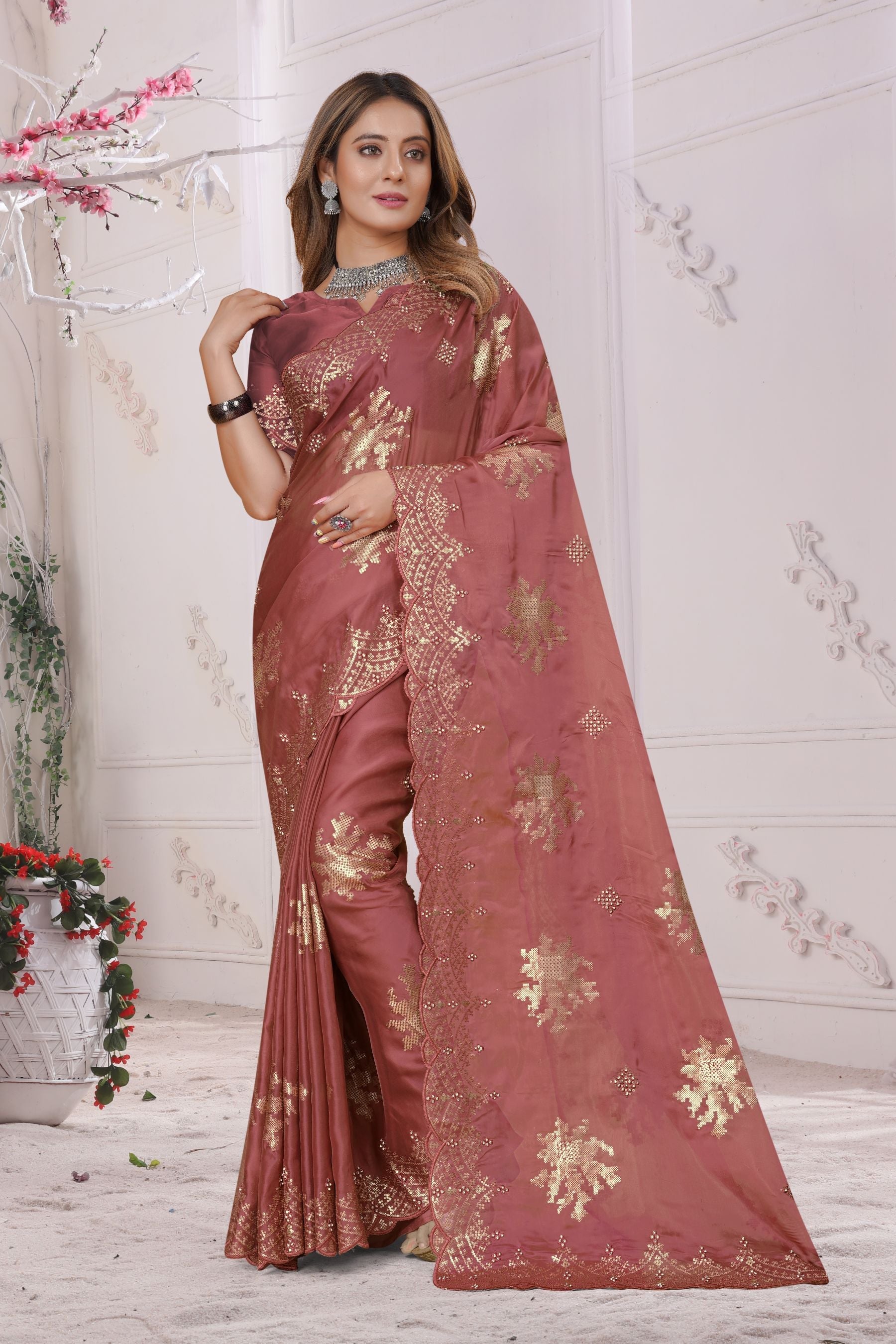 Exquisite Brown Organza Soft Silk Saree: Resplendent Sequins, Resham Embroidery, & Zarkan Diamond Work for Party & Wedding Wear