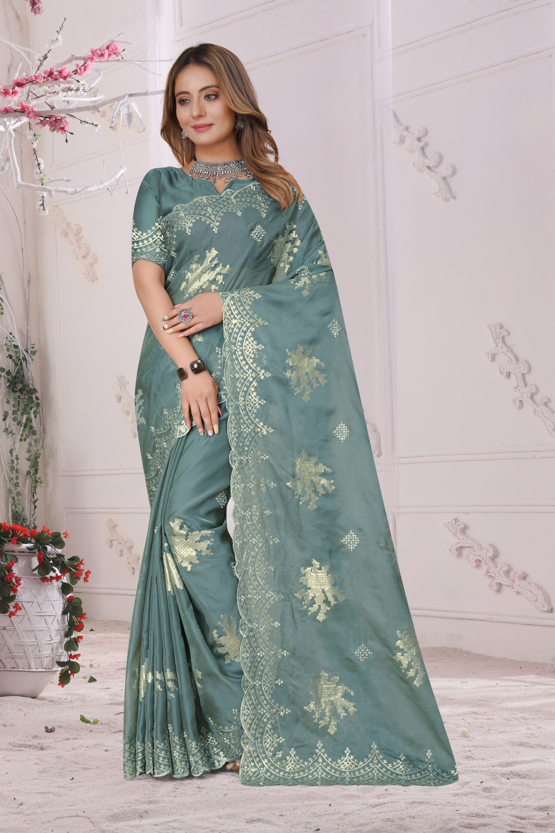 Exquisite Lightseablue Organza Saree: Sequins, Resham Embroidery & Zarkan Diamond Work for Party & Wedding Wear