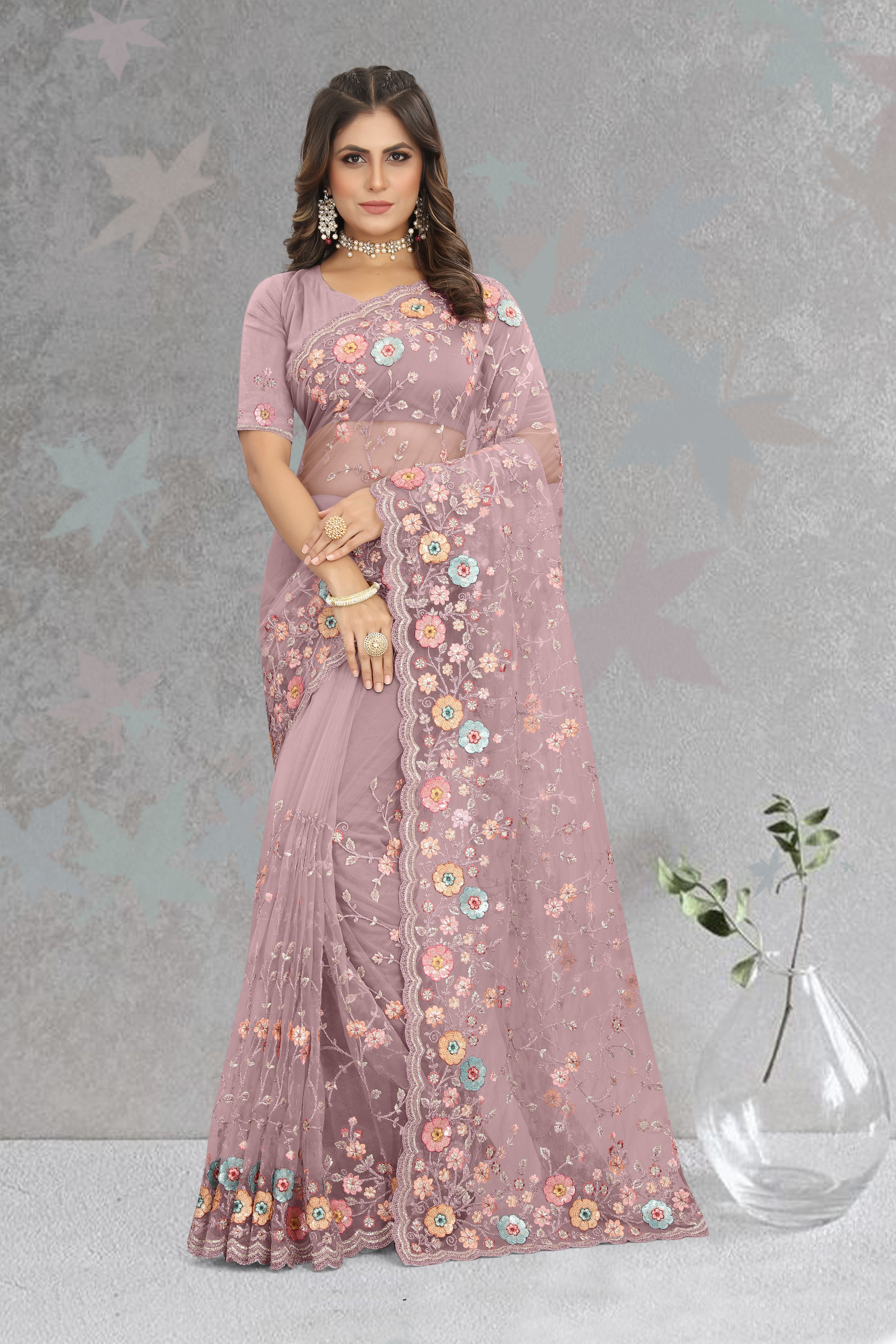 Regal Elegance: Purple Saree with Intricate Resham, Coding & Multi Sequin Embroidery