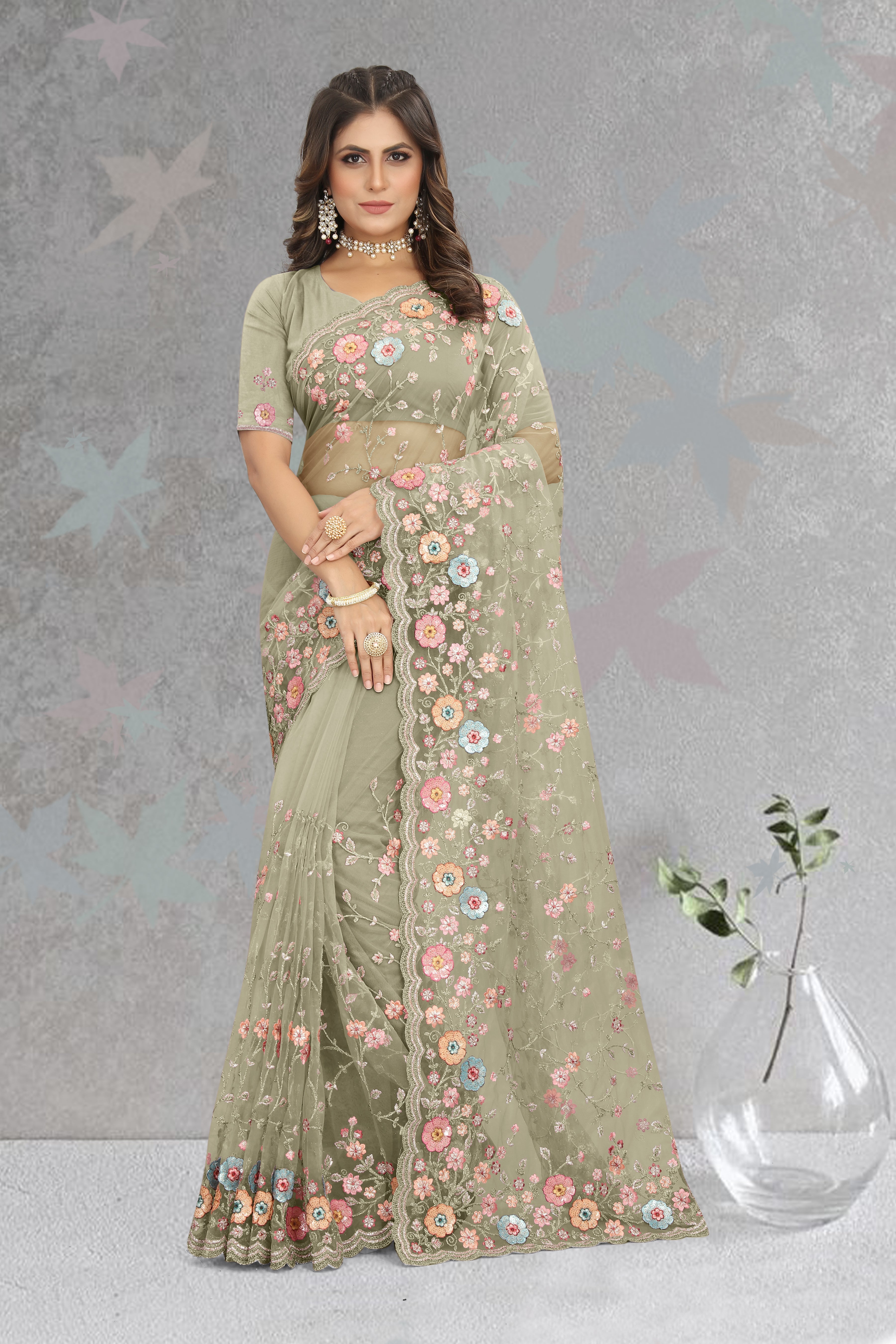 Enchanting Light Green Saree with Heavy Resham, Coding, and Sequin Embroidery