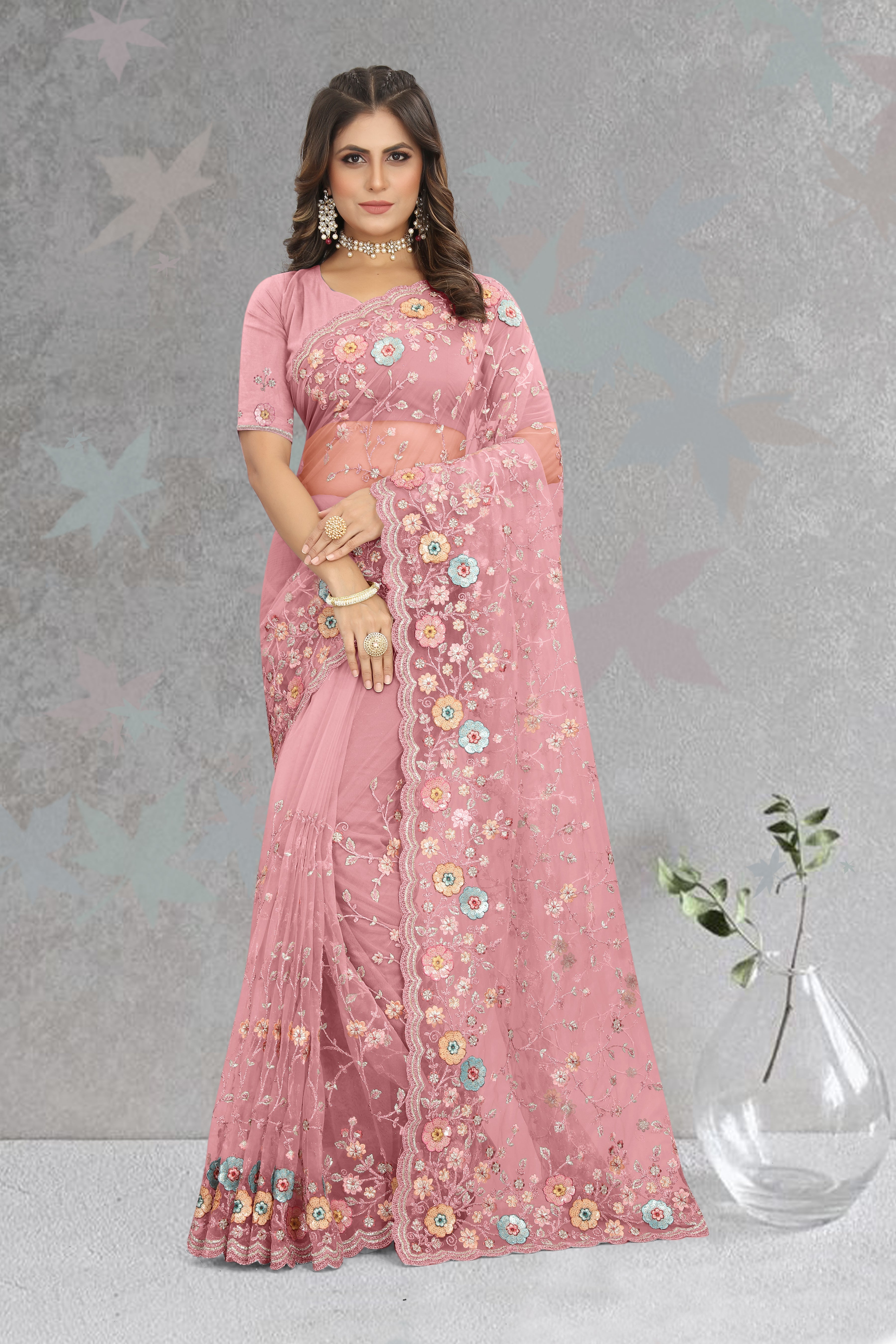 Pink Elegance: Resplendent Pink Saree with Intricate Resham, Coding, and Sequin Embroidery