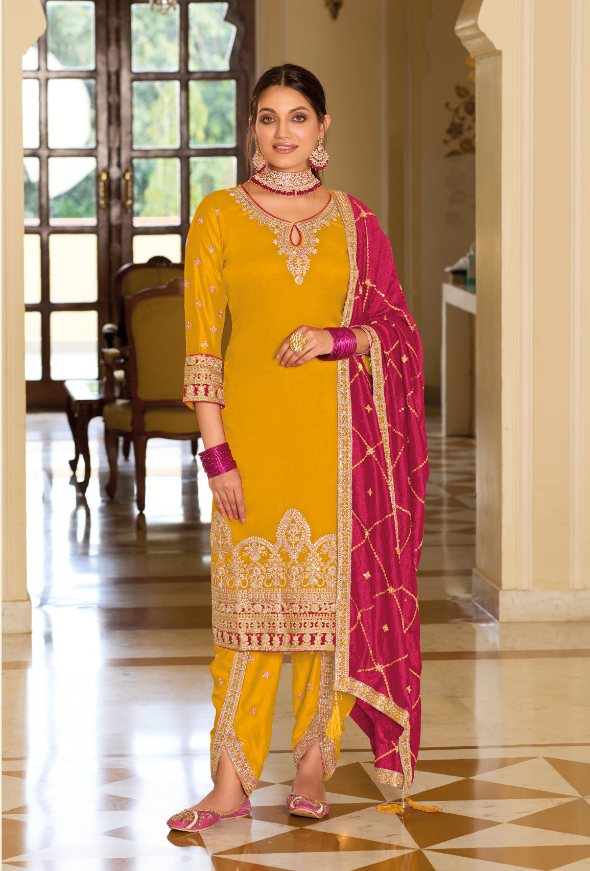 Yellow Premium Silk Salwar Suit with Elegant Embroidery for Weddings and Parties