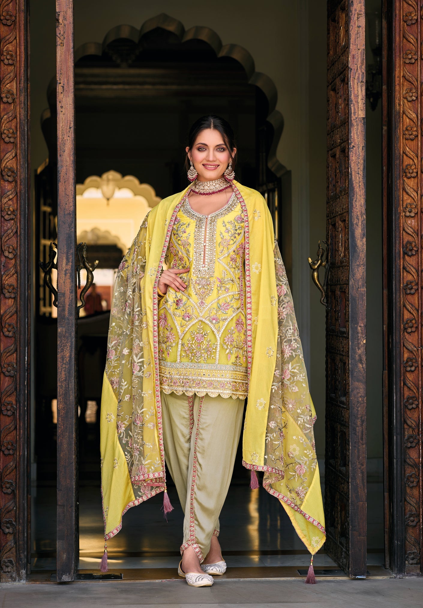 Elegant Yellow Chinon Salwar Suit with Intricate Embroidery for Weddings & Parties