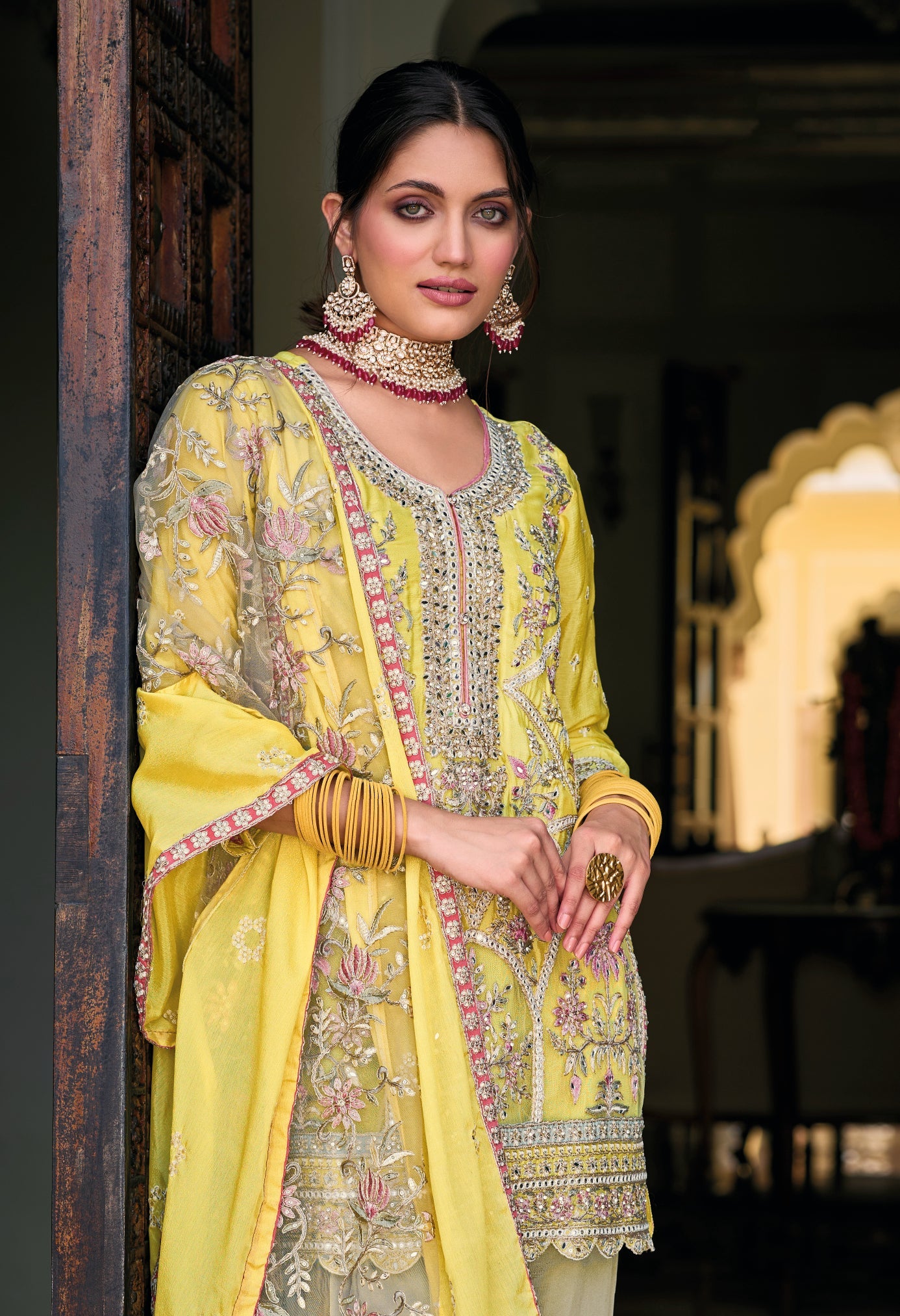 Elegant Yellow Chinon Salwar Suit with Intricate Embroidery for Weddings & Parties