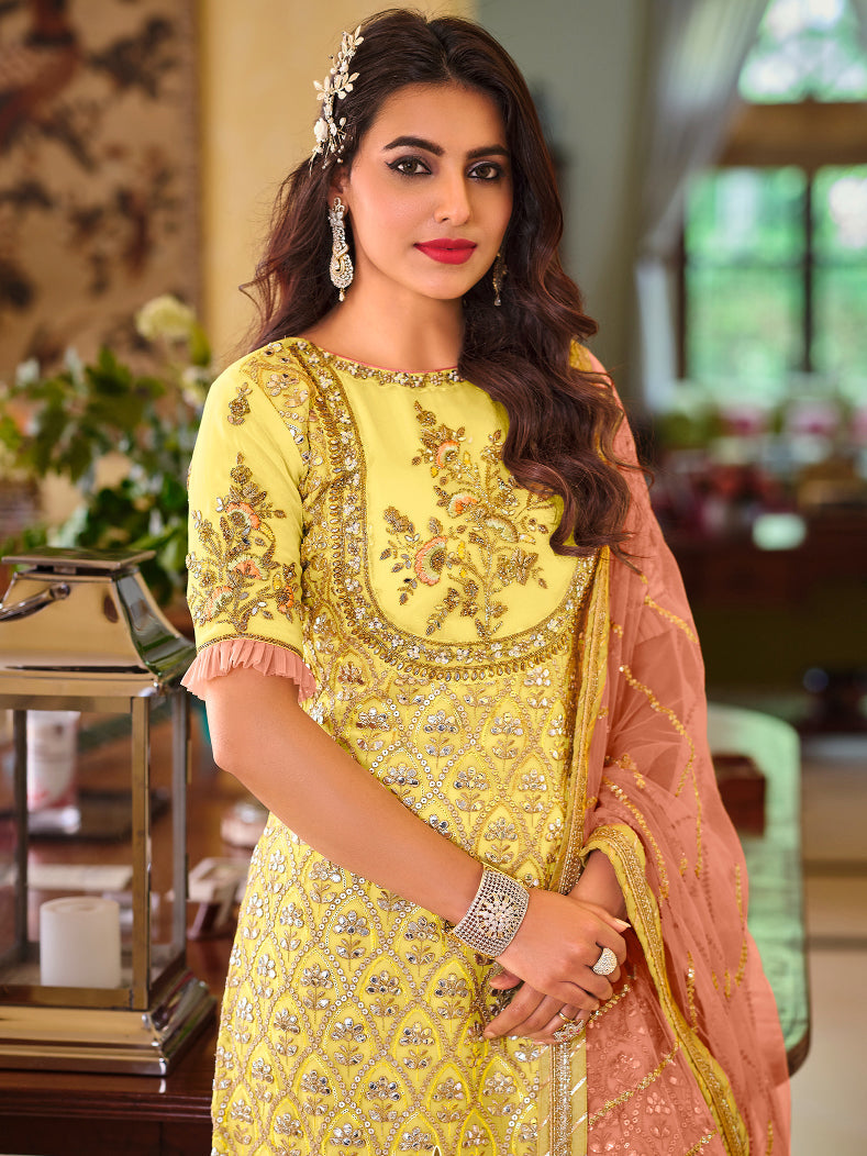 Elegant Yellow Shara Salwar Suit with Georgette Embroidery for Weddings & Parties