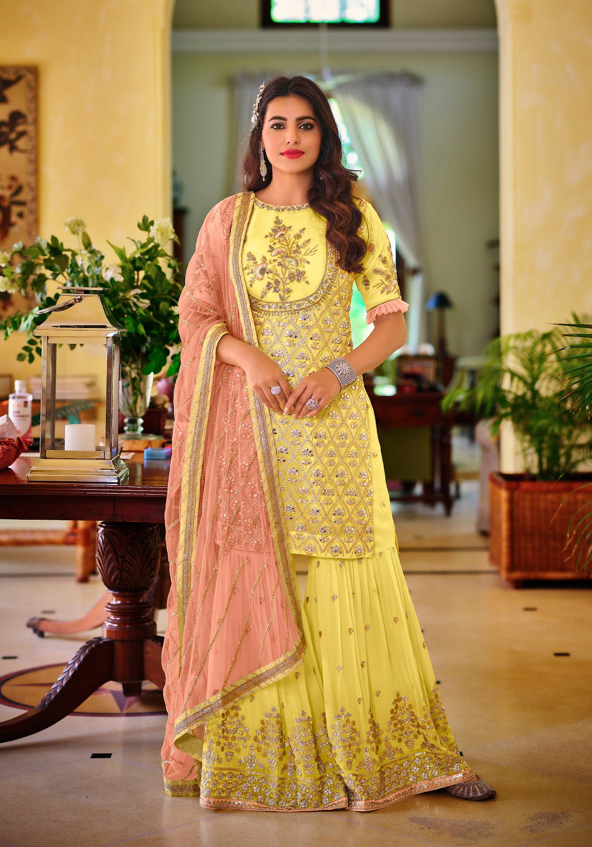 Elegant Yellow Shara Salwar Suit with Georgette Embroidery for Weddings & Parties