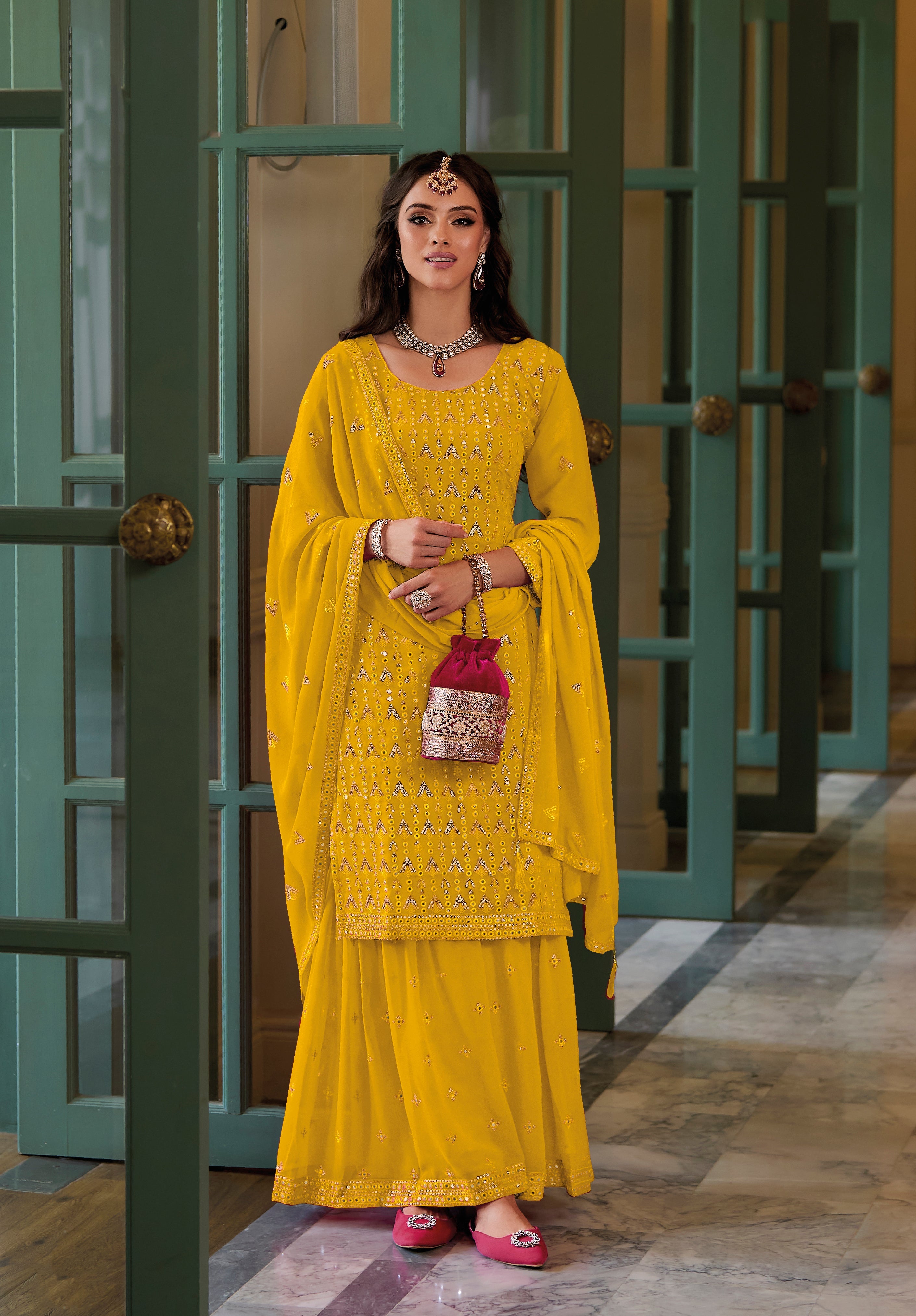 Yellow Sharara Salwar Suit: Gourgette Beauty with Heavy Embroidery for Weddings & Parties