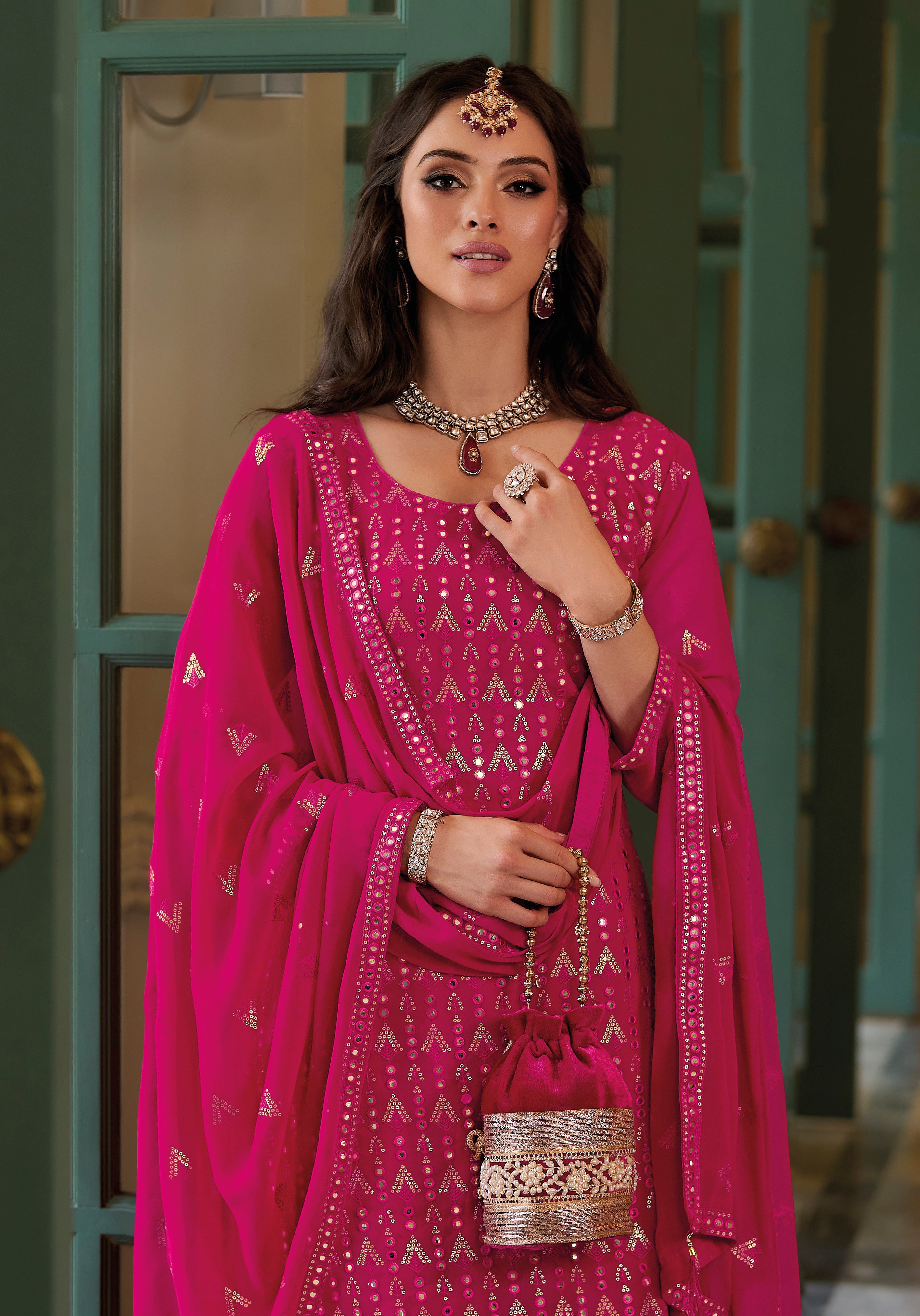 Pink Sharara Salwar Suit: Glamorous Gourgette with Heavy Embroidery for Weddings & Parties