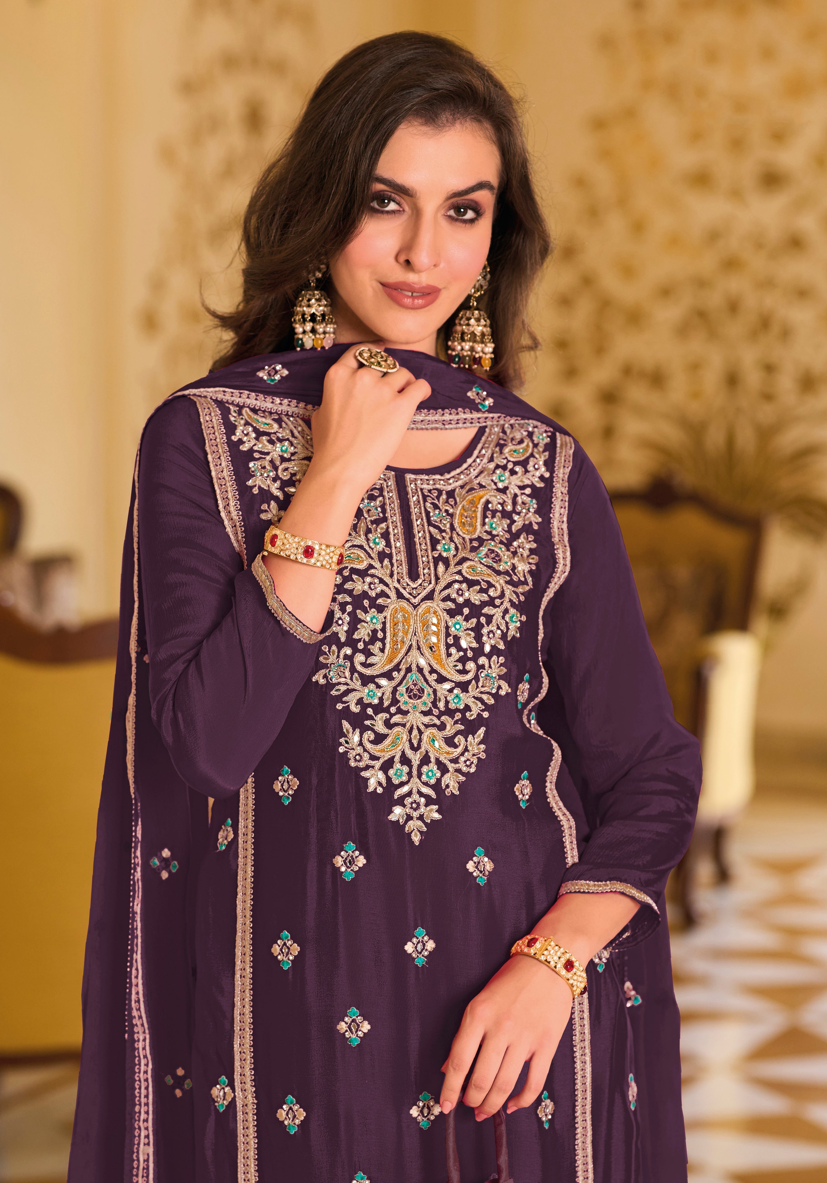 Elegant Purple Silk Salwar with Exquisite Embroidery for Wedding & Parties