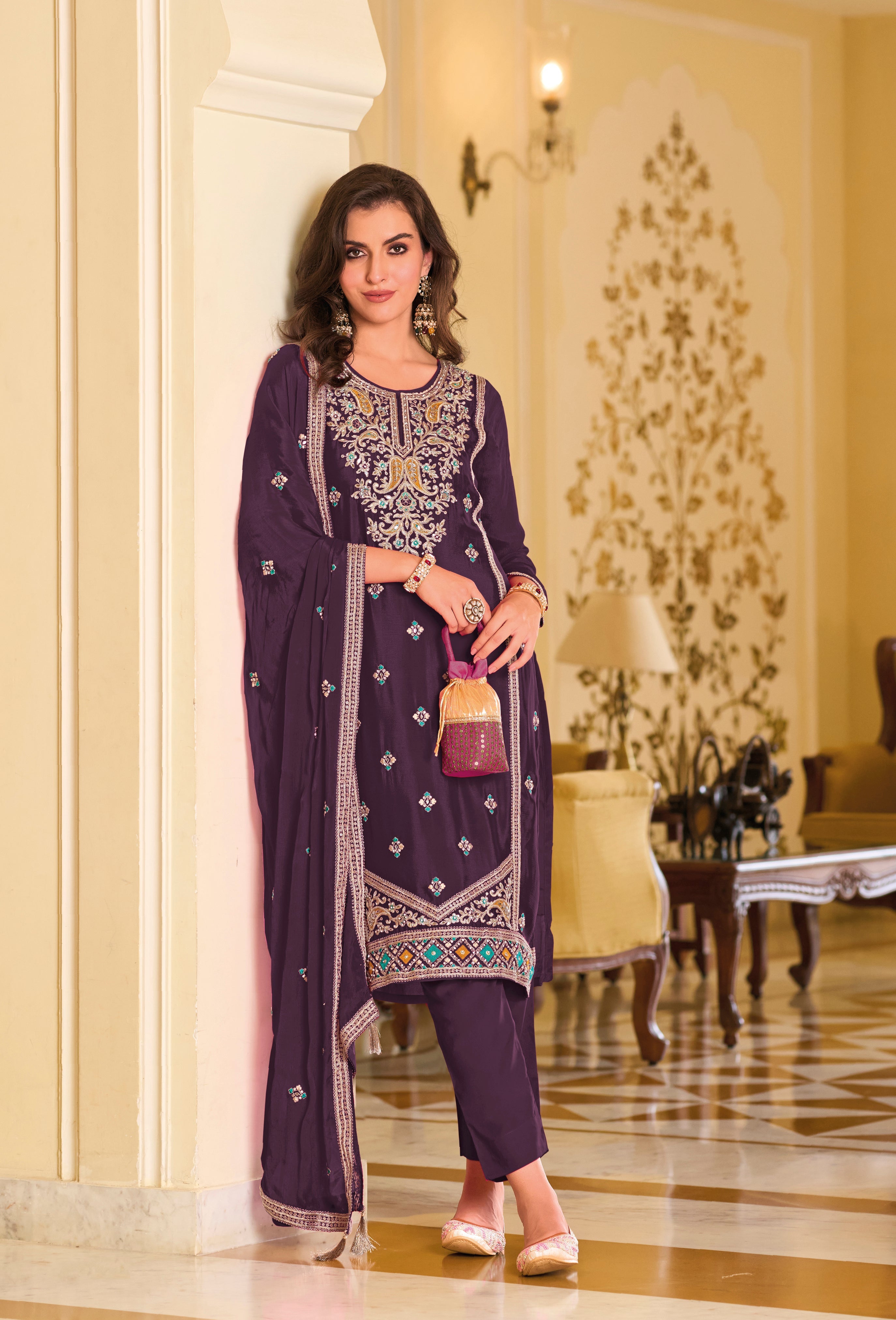 Elegant Purple Silk Salwar with Exquisite Embroidery for Wedding & Parties