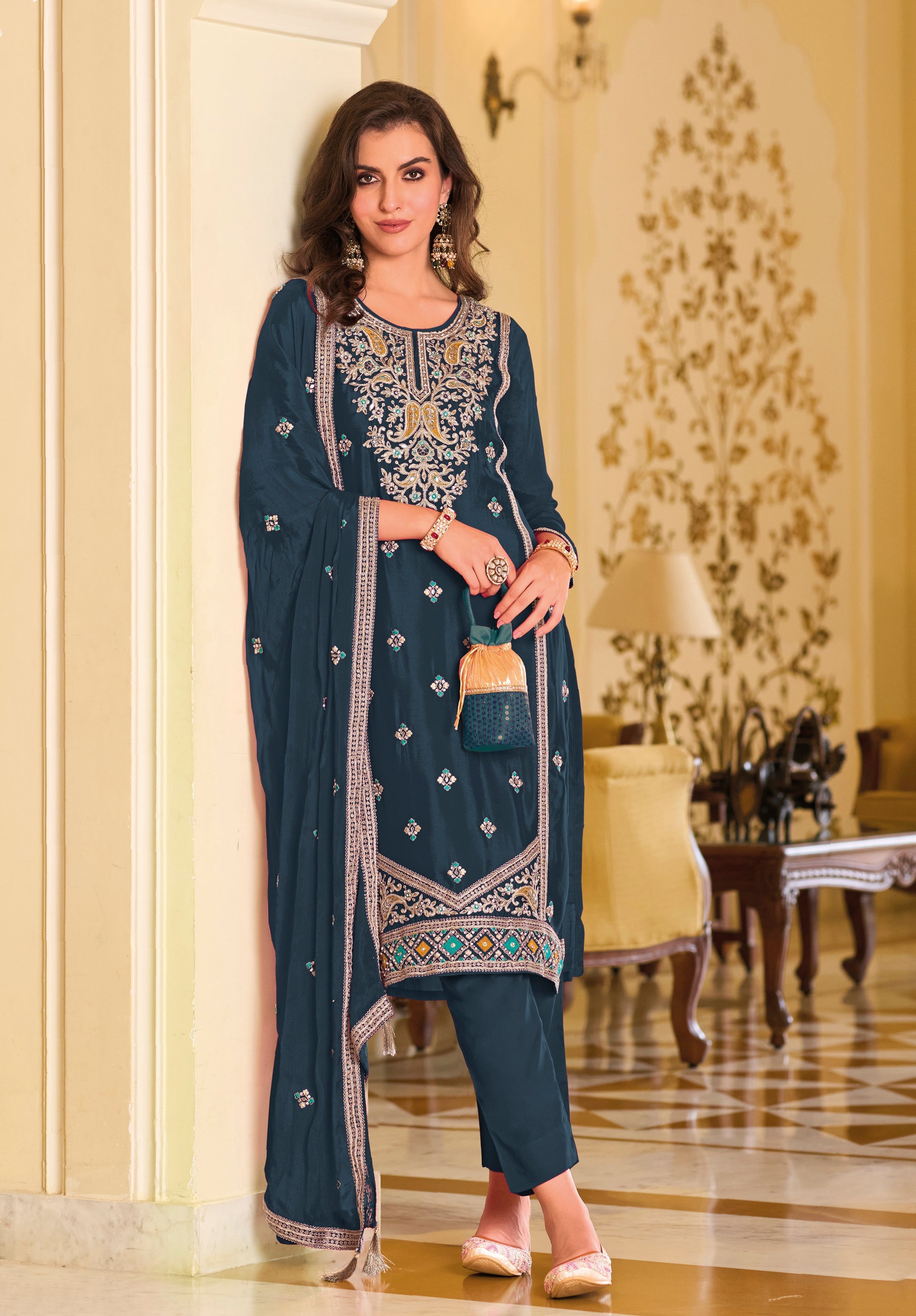 Elegant Blue Silk Embroidered Salwar for Wedding and Parties