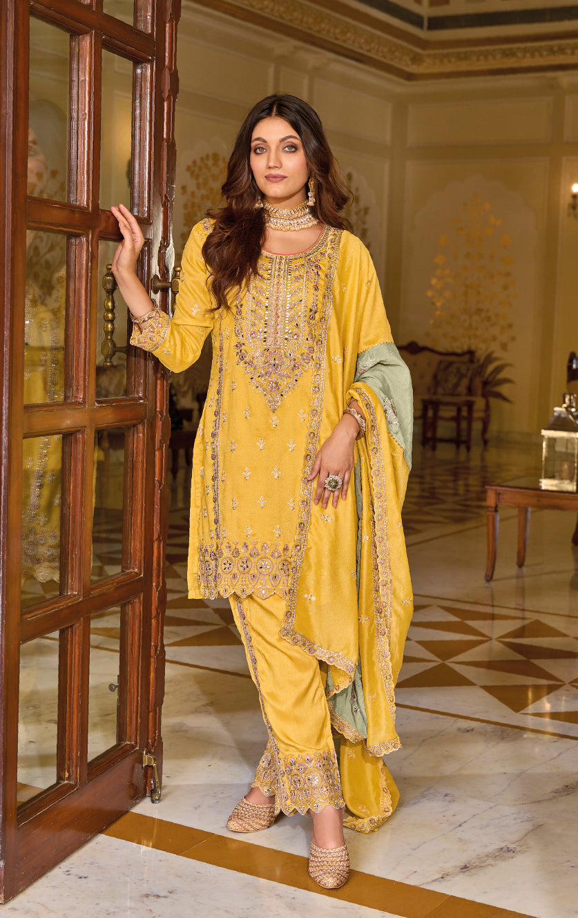 Elegant Yellow Silk Salwar Suit with Exquisite Embroidery for Wedding & Parties