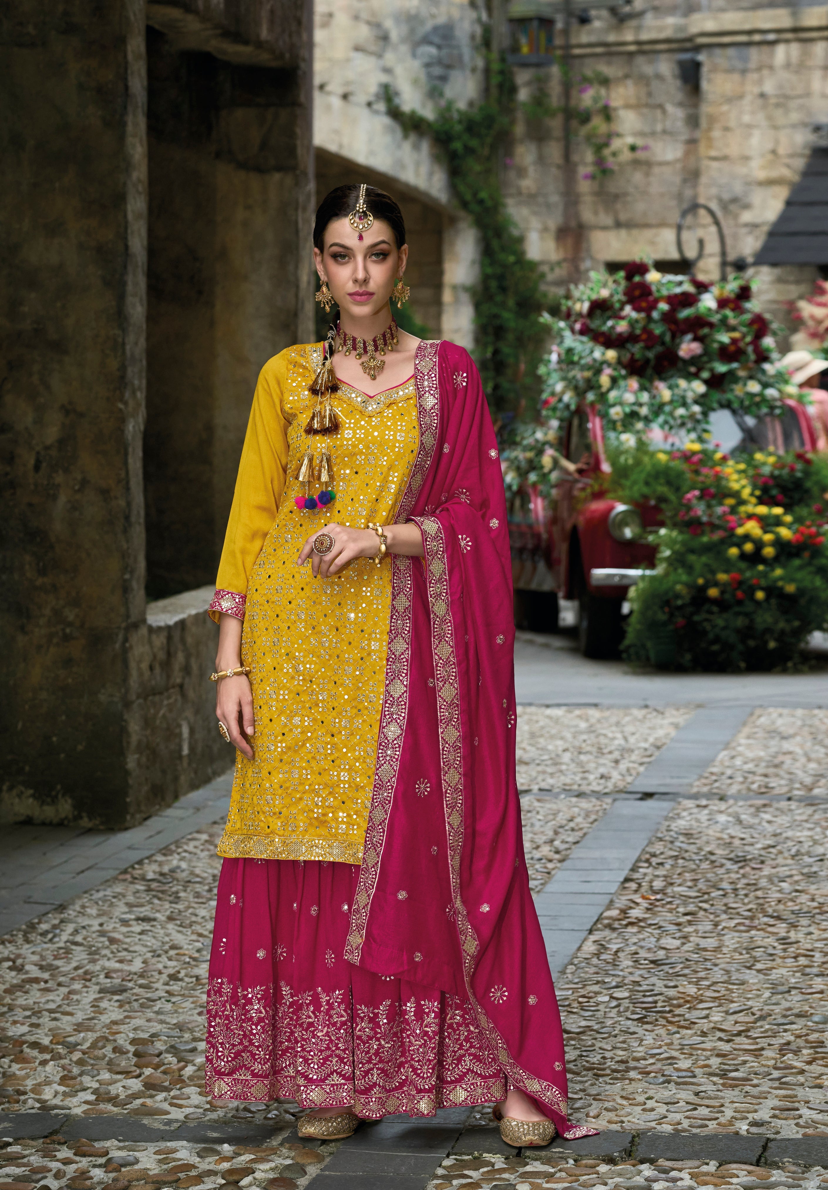 Elegant Yellow Silk Sharara Salwar Suit for Weddings and Parties with Premium Embroidery