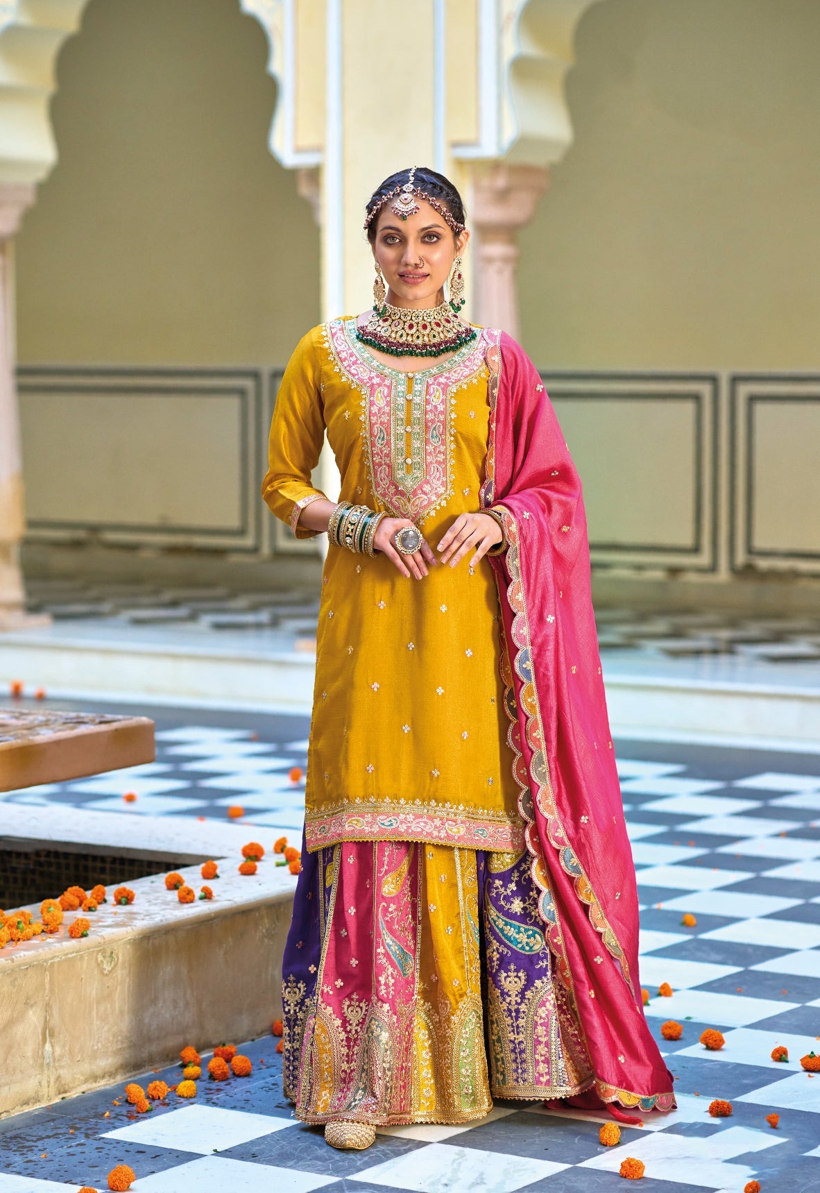 Luxurious Yellow Silk Sharara Salwar Suit for Weddings & Parties