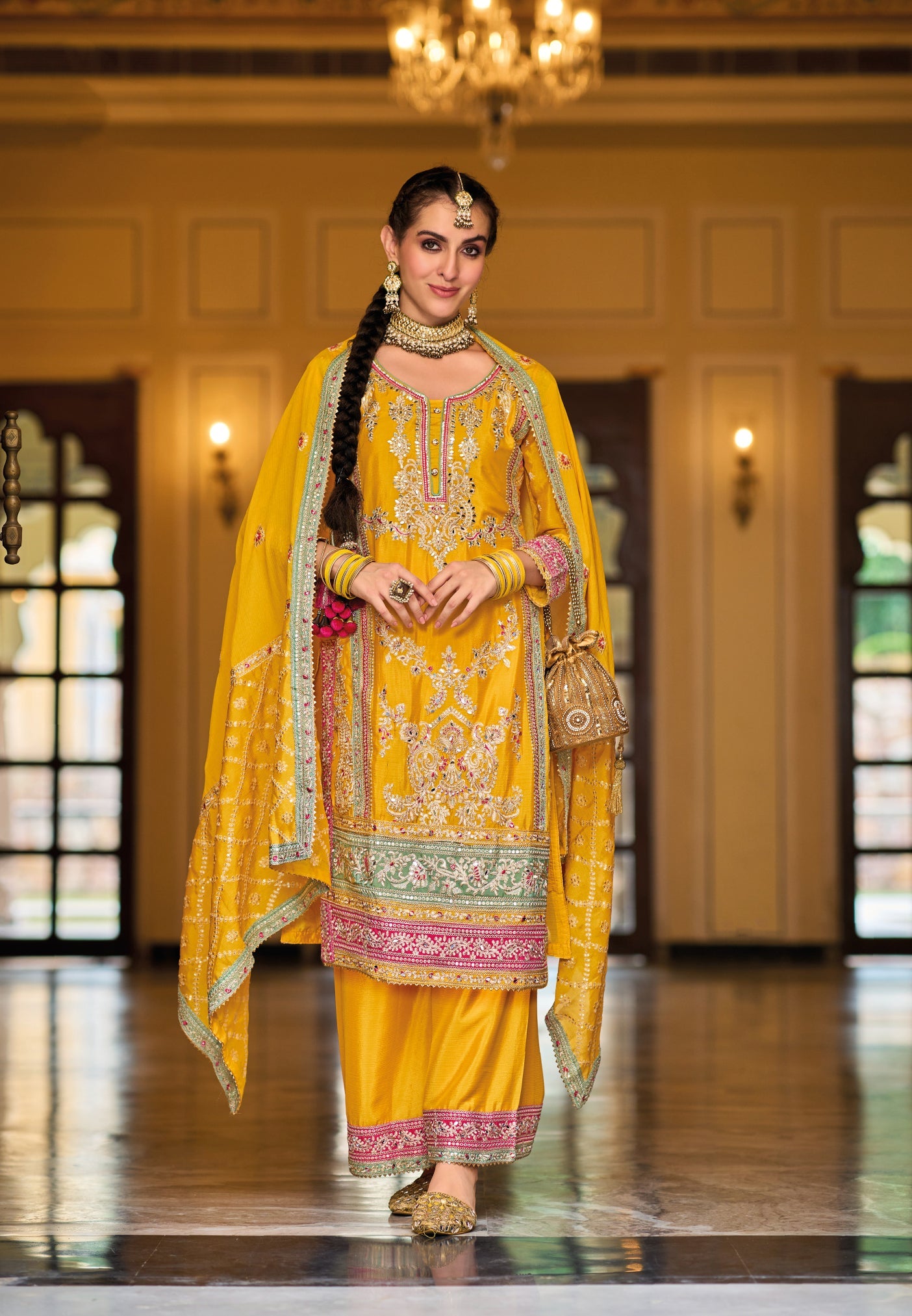 Yellow Heavy Chinon Embroidered Sharara Suit for Weddings & Parties