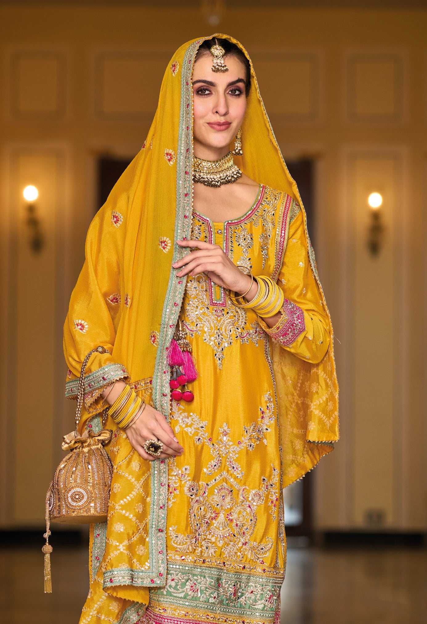 Yellow Heavy Chinon Embroidered Sharara Suit for Weddings & Parties