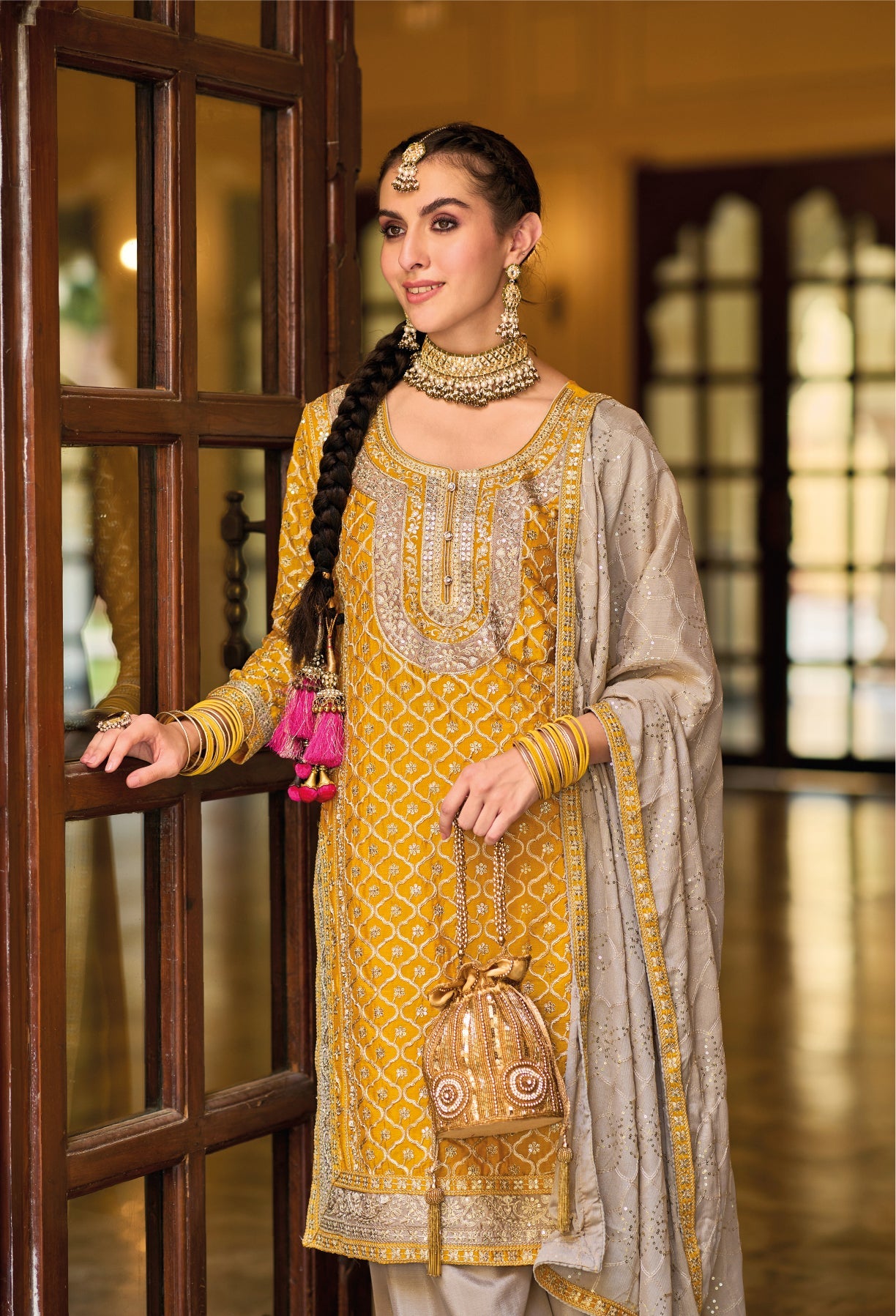 Yellow Heavy Chinon Embroidered Sharara Suit for Weddings & Parties