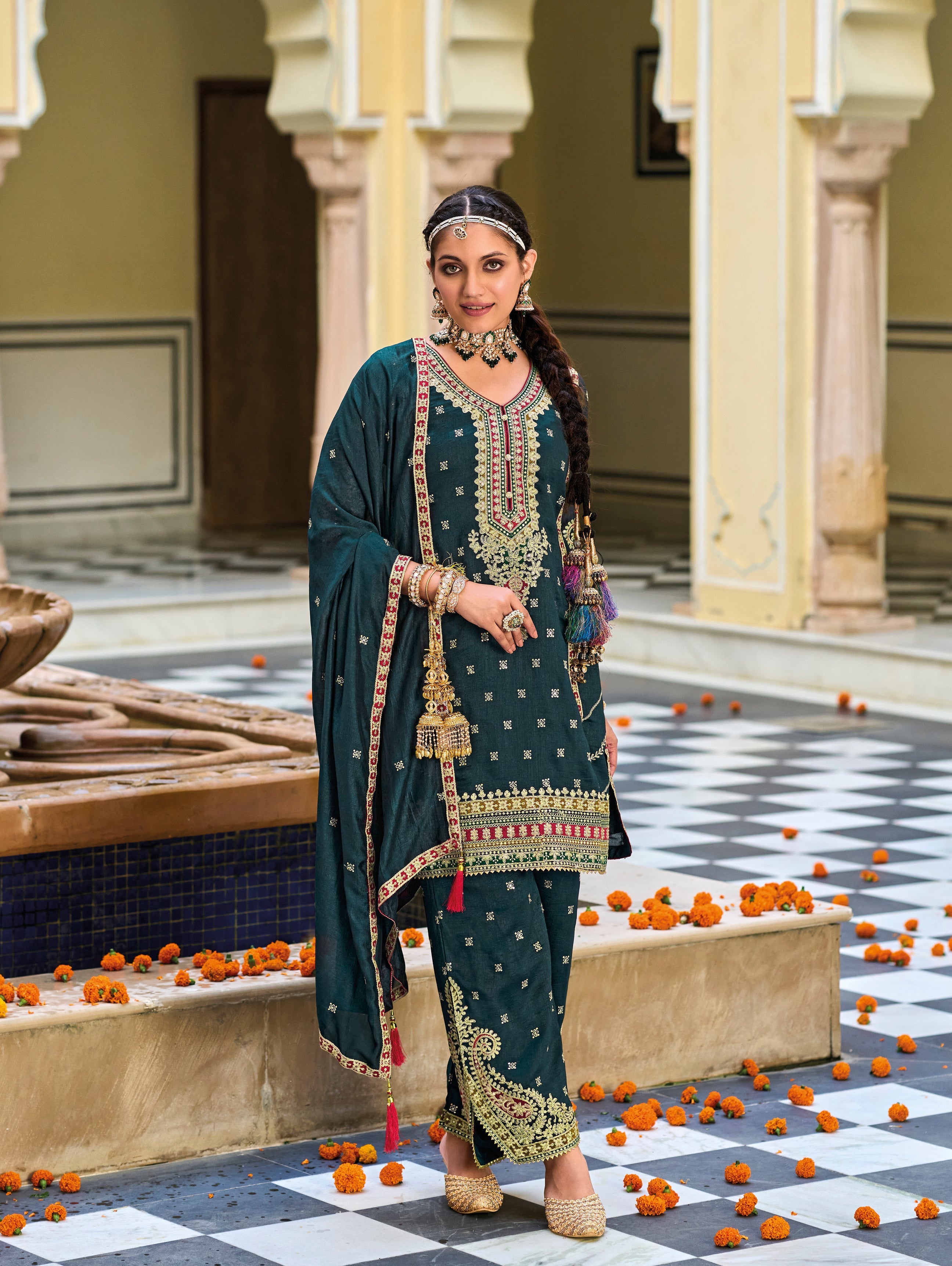 Elegant Green Silk Embroidered Salwar Suit for Weddings