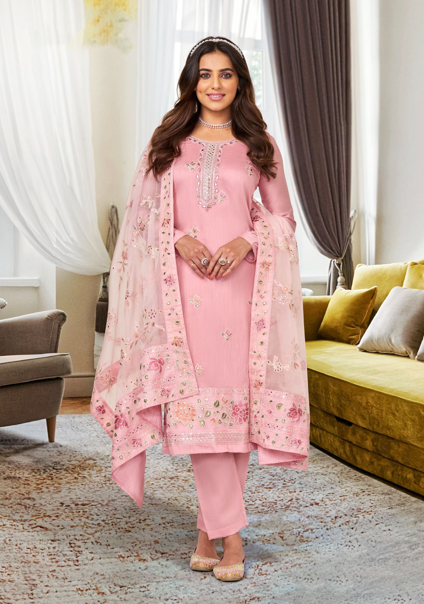 Elegant Pink Maheshwari Silk Salwar Suit with Heavy Embroidery for Weddings & Parties